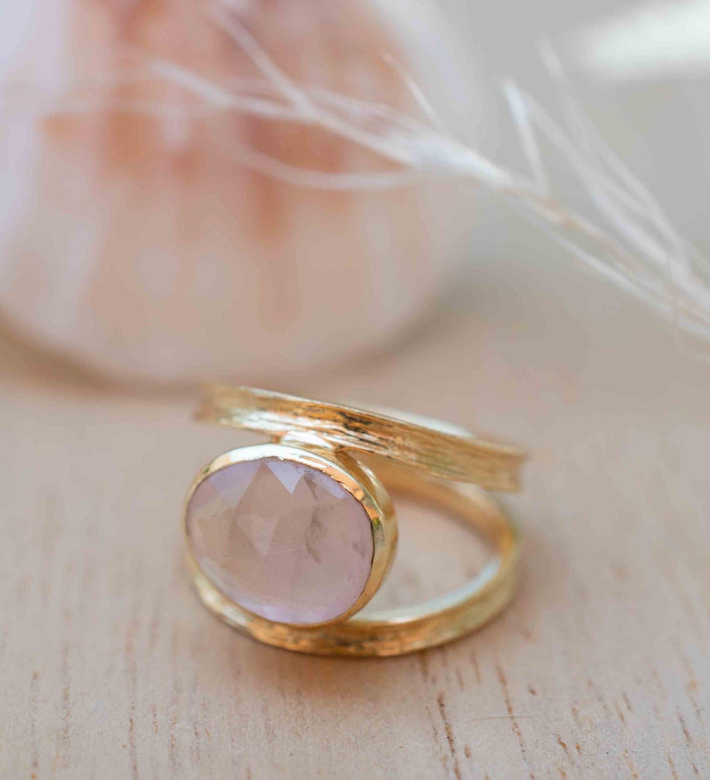 Rose Quartz Tear Drop Ring ~ Gemstone ~ Natural ~ 18k Gold Plated ~ Jewelry ~ Handmade~ January Birthstone - MR310