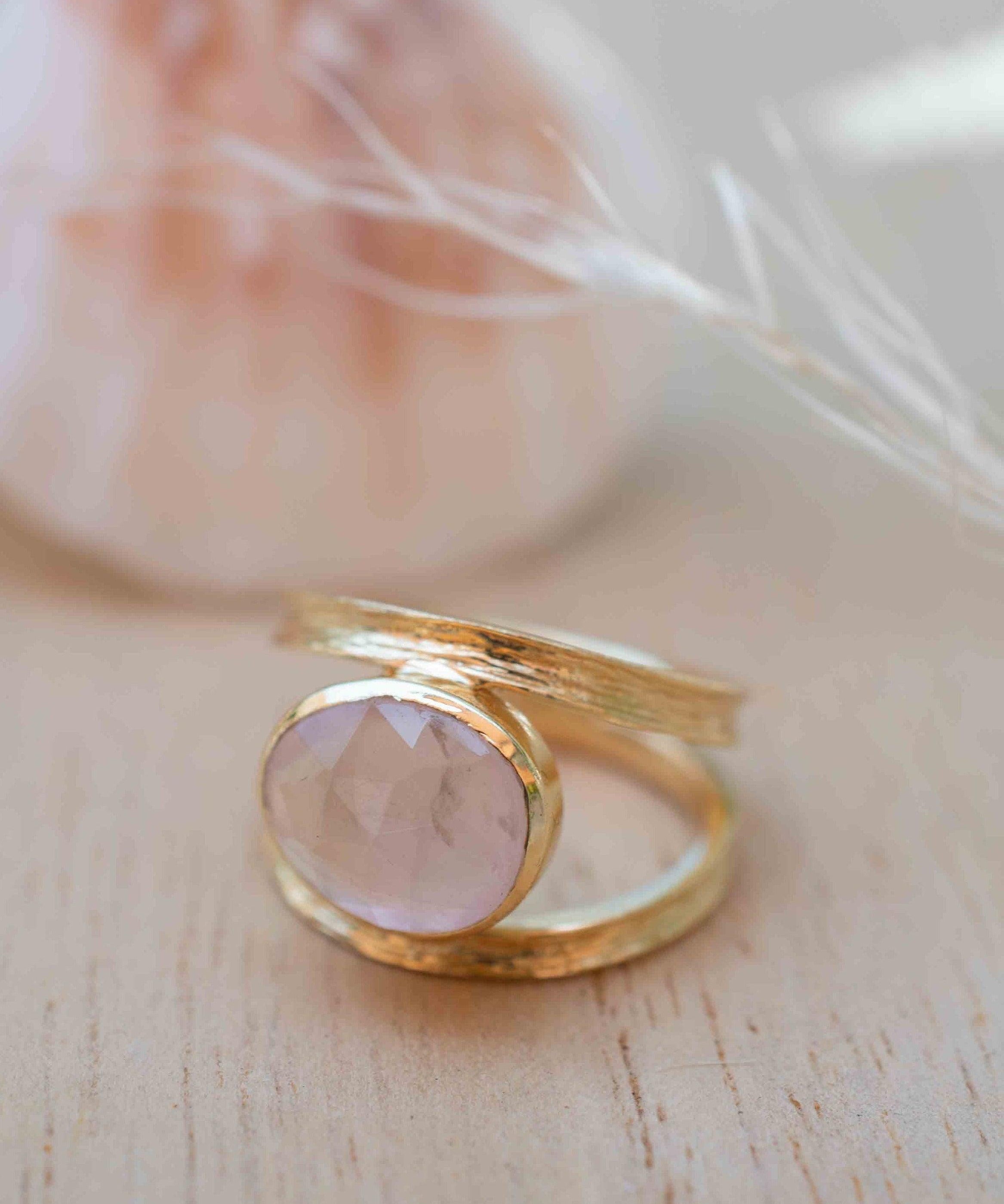 Rose Quartz Tear Drop Ring ~ Gemstone ~ Natural ~ 18k Gold Plated ~ Jewelry ~ Handmade~ January Birthstone - MR310
