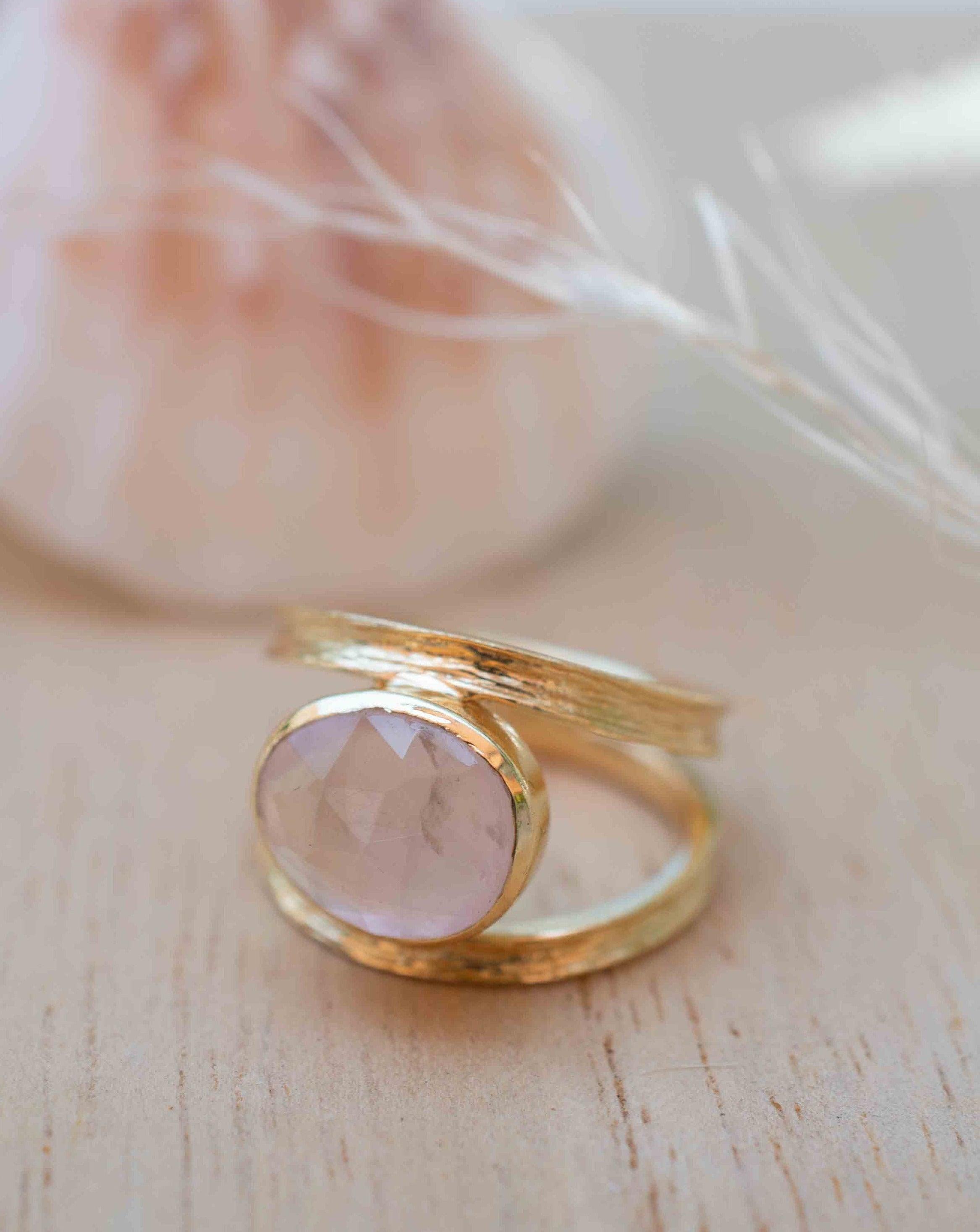 Rose Quartz Tear Drop Ring ~ Gemstone ~ Natural ~ 18k Gold Plated ~ Jewelry ~ Handmade~ January Birthstone - MR310