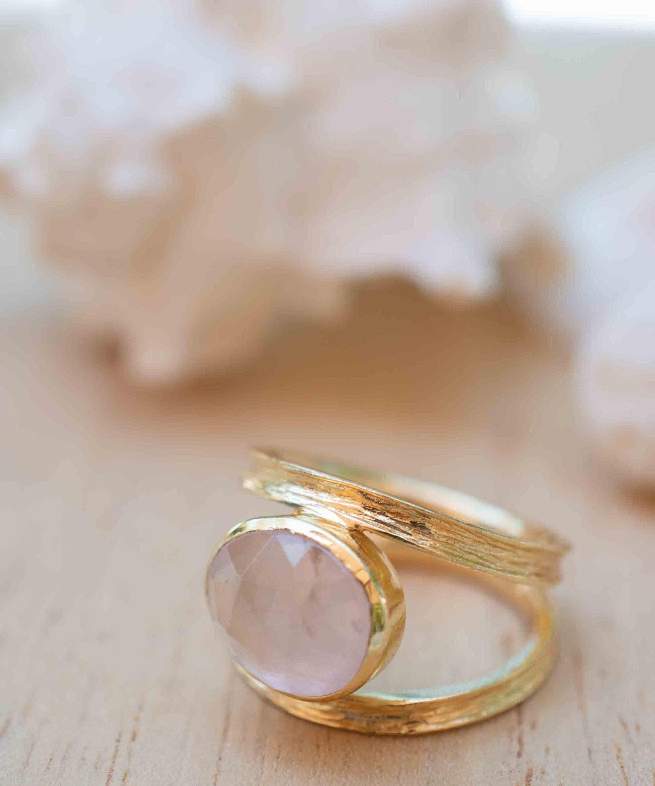 Rose Quartz Tear Drop Ring ~ Gemstone ~ Natural ~ 18k Gold Plated ~ Jewelry ~ Handmade~ January Birthstone - MR310
