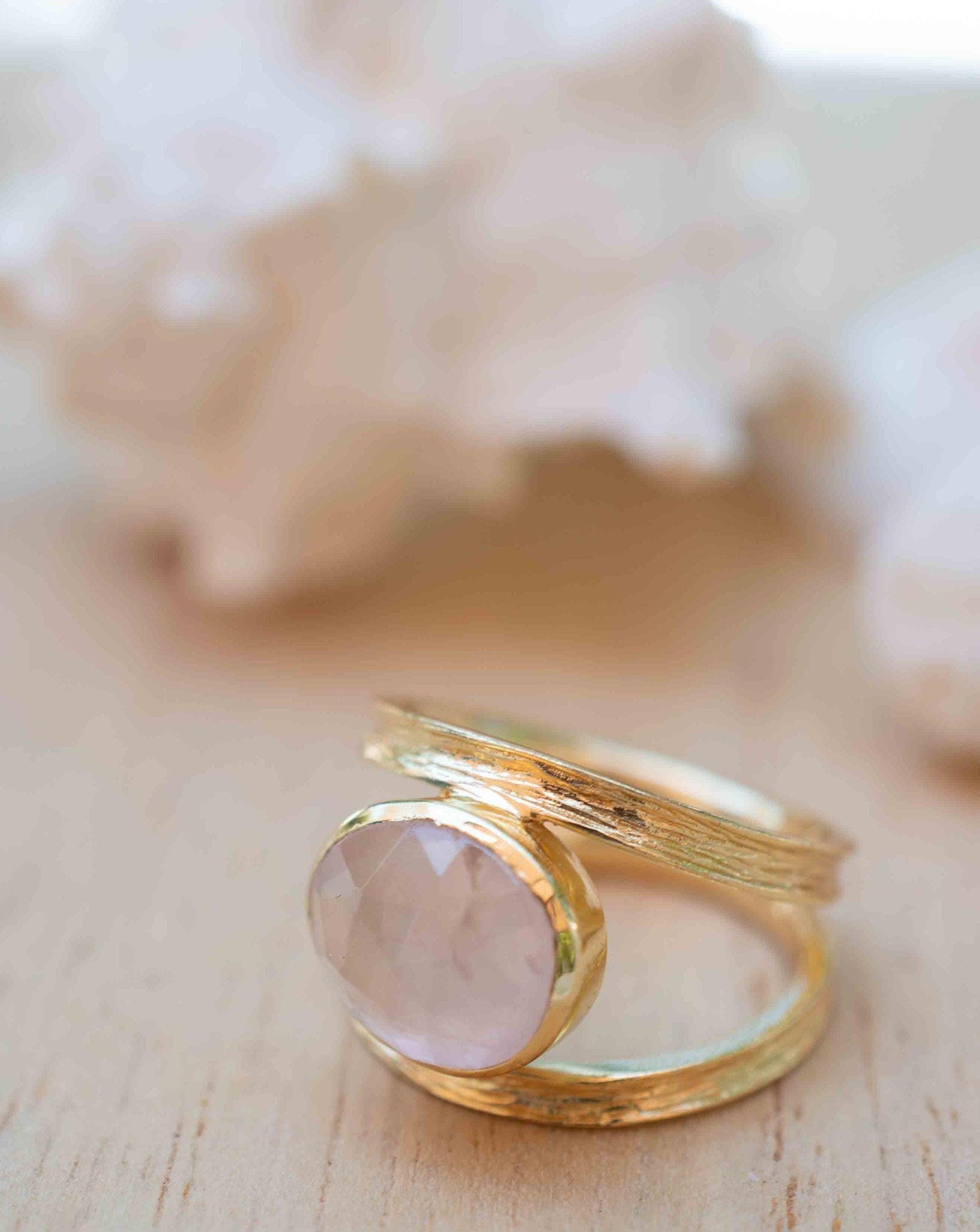 Rose Quartz Tear Drop Ring ~ Gemstone ~ Natural ~ 18k Gold Plated ~ Jewelry ~ Handmade~ January Birthstone - MR310