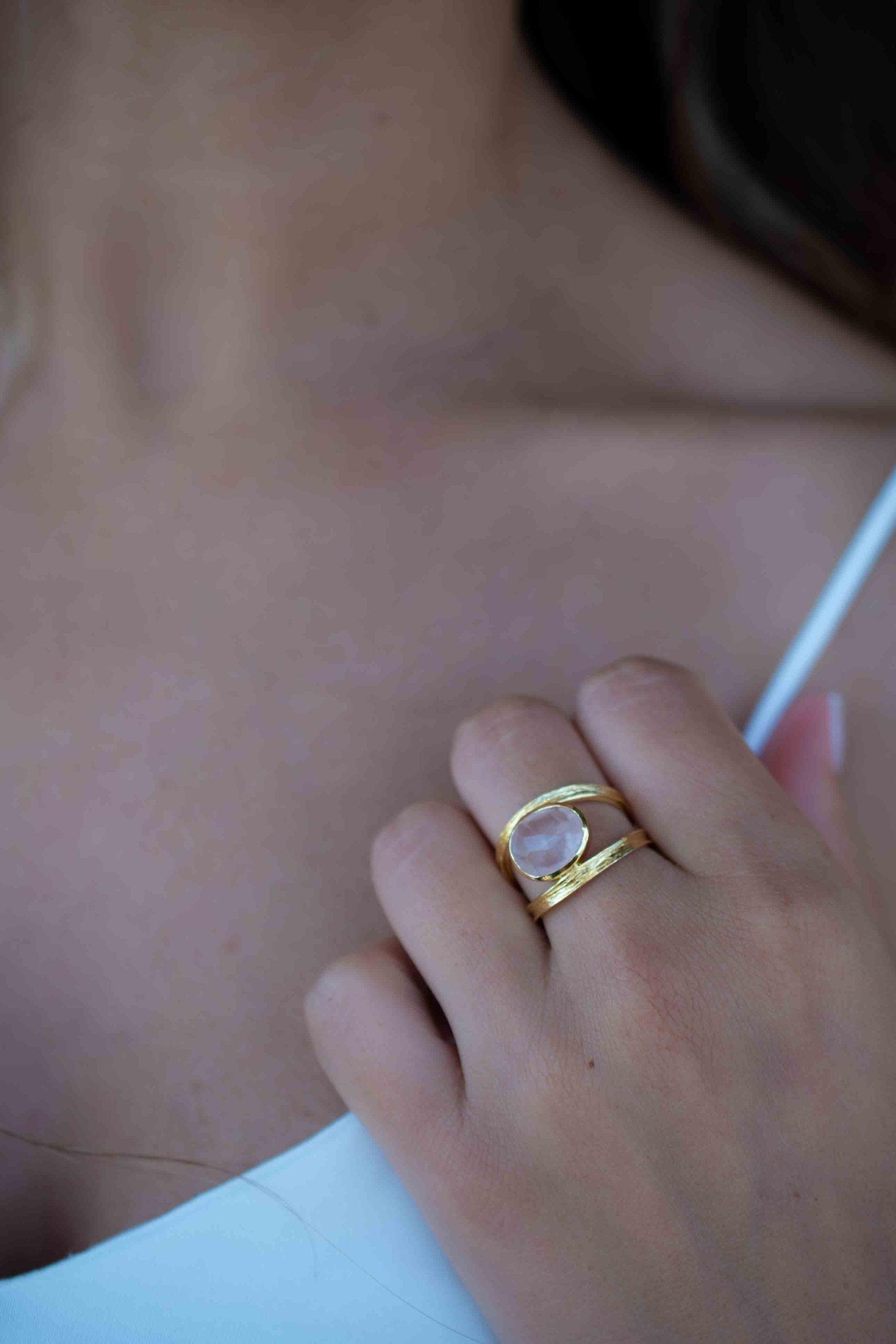 Rose Quartz Tear Drop Ring ~ Gemstone ~ Natural ~ 18k Gold Plated ~ Jewelry ~ Handmade~ January Birthstone - MR310