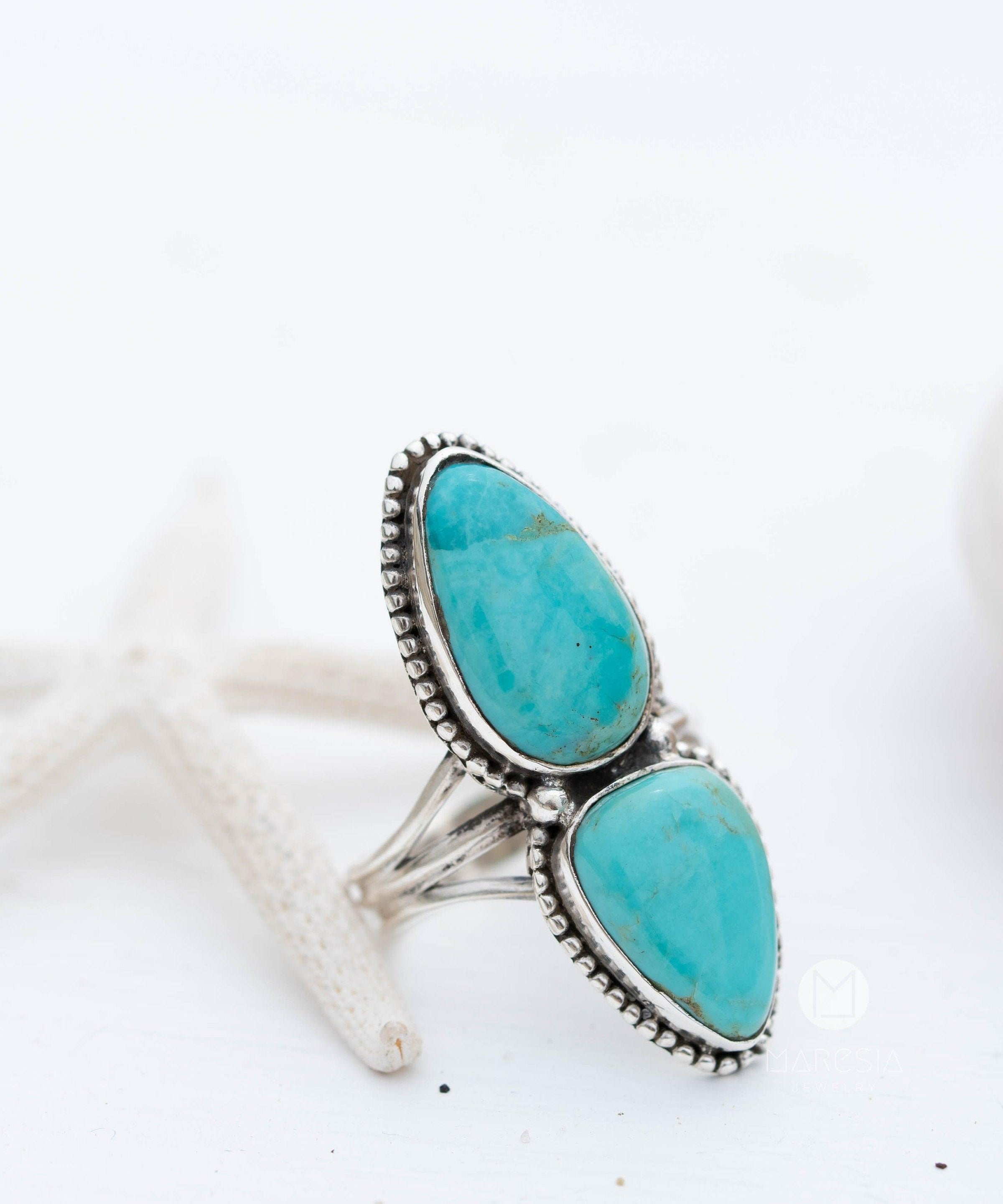 Double Turquoise Ring ~ Sterling Silver 925 ~ Handmade ~ Statement ~Bohemian ~ Jewelry ~Gift For Her ~Gemstone~December Birthstone~MR251
