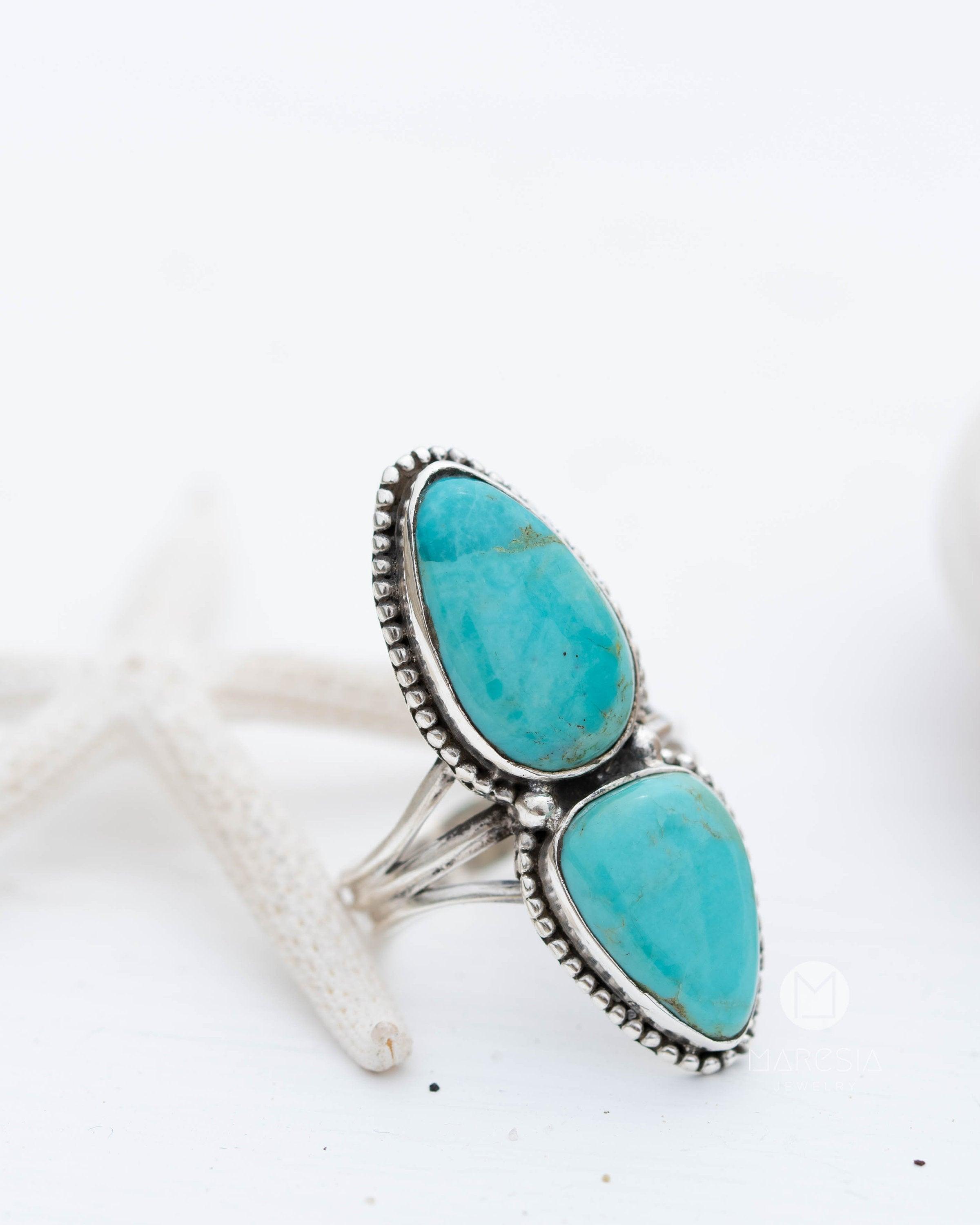 Double Turquoise Ring ~ Sterling Silver 925 ~ Handmade ~ Statement ~Bohemian ~ Jewelry ~Gift For Her ~Gemstone~December Birthstone~MR251