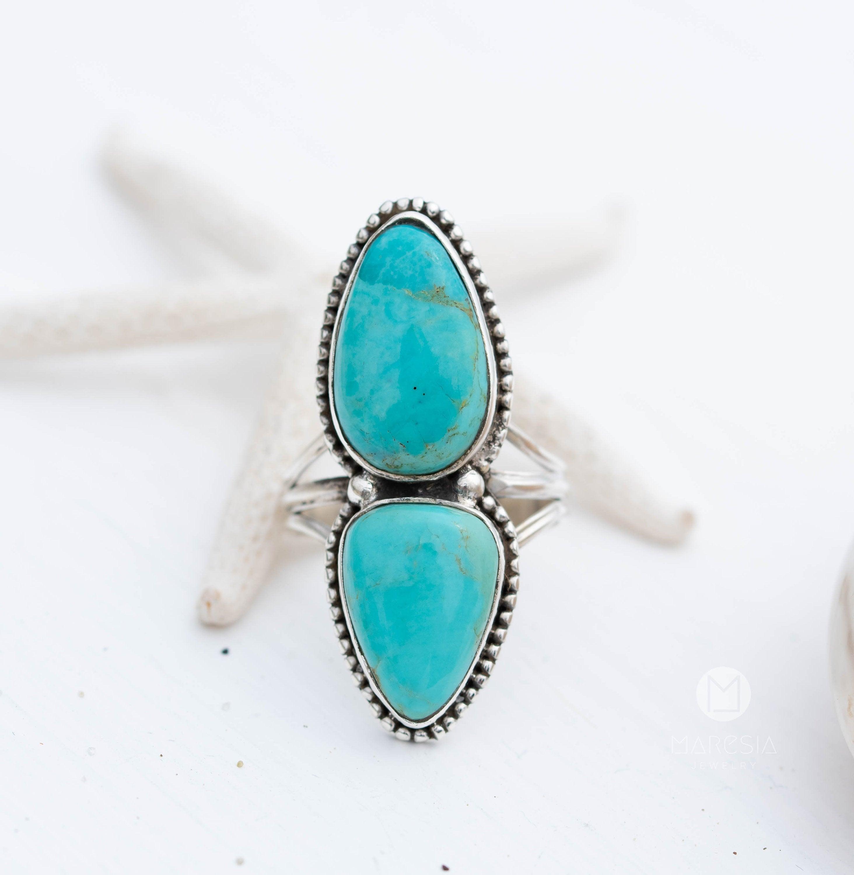 Double Turquoise Ring ~ Sterling Silver 925 ~ Handmade ~ Statement ~Bohemian ~ Jewelry ~Gift For Her ~Gemstone~December Birthstone~MR251