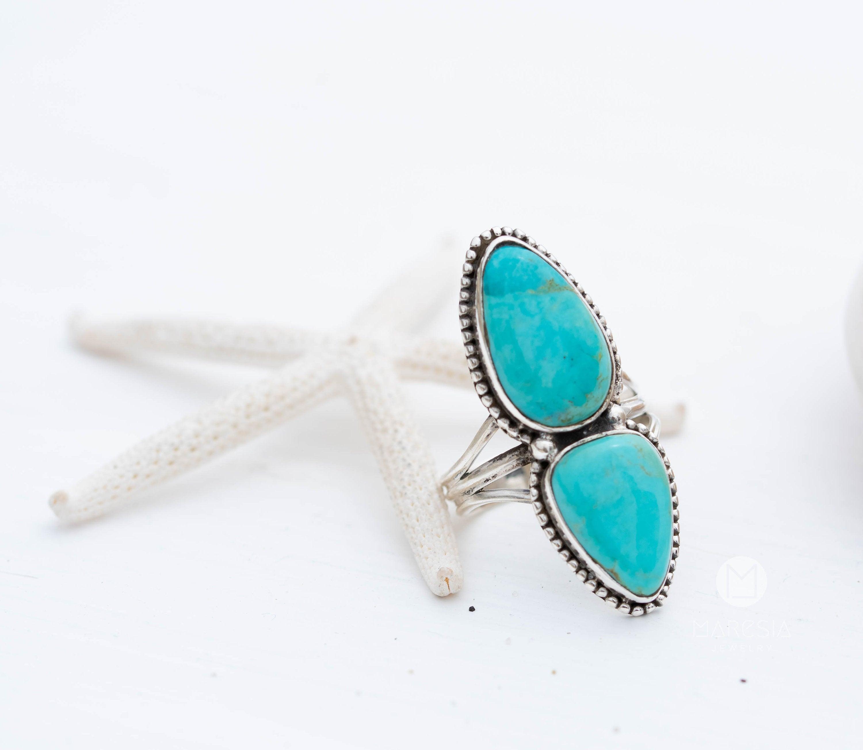 Double Turquoise Ring ~ Sterling Silver 925 ~ Handmade ~ Statement ~Bohemian ~ Jewelry ~Gift For Her ~Gemstone~December Birthstone~MR251