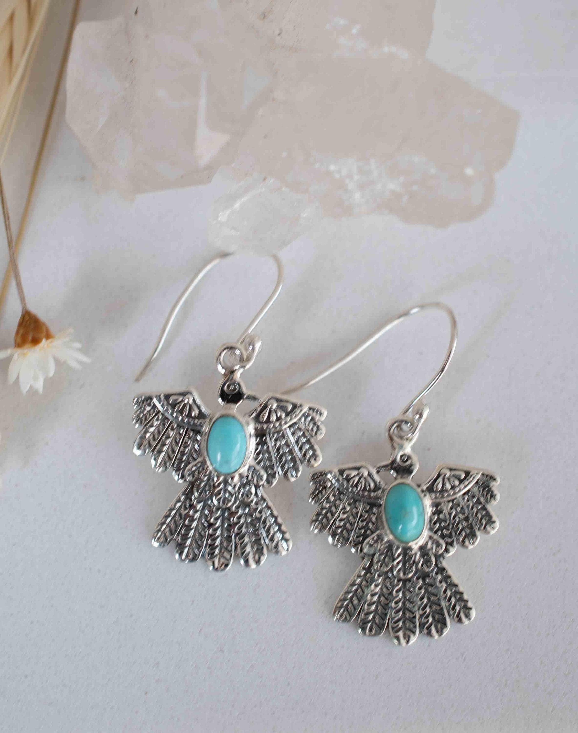 Turquoise Earrings ~ Bird ~ Eagle ~ Gemstone ~ Dangle ~ Sterling Silver 925 ~ Jewelry ~ Blue ~ Handmade ~ Natural~ December Birthstone~ME032
