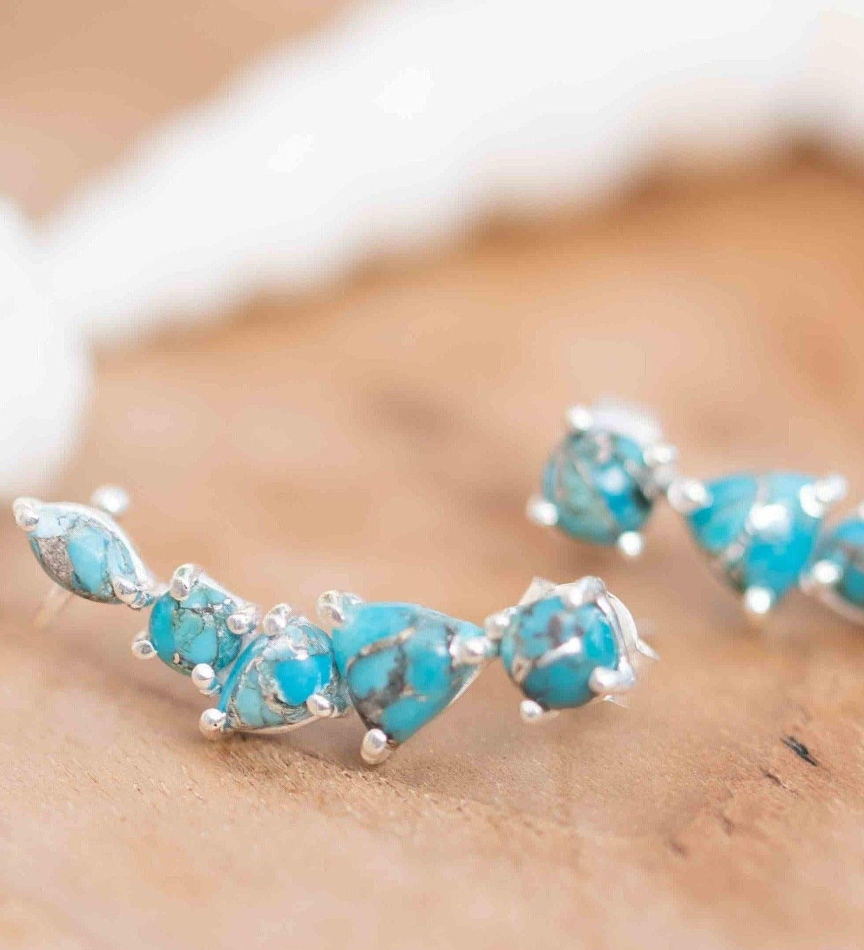 Copper Turquoise Ear Climber Earrings ~Stud~Jewelry~ Sterling Silver 925 ~Natural ~Minimalist Everyday ~Gift for Her ~ Boho~ Hippie ~ ME165
