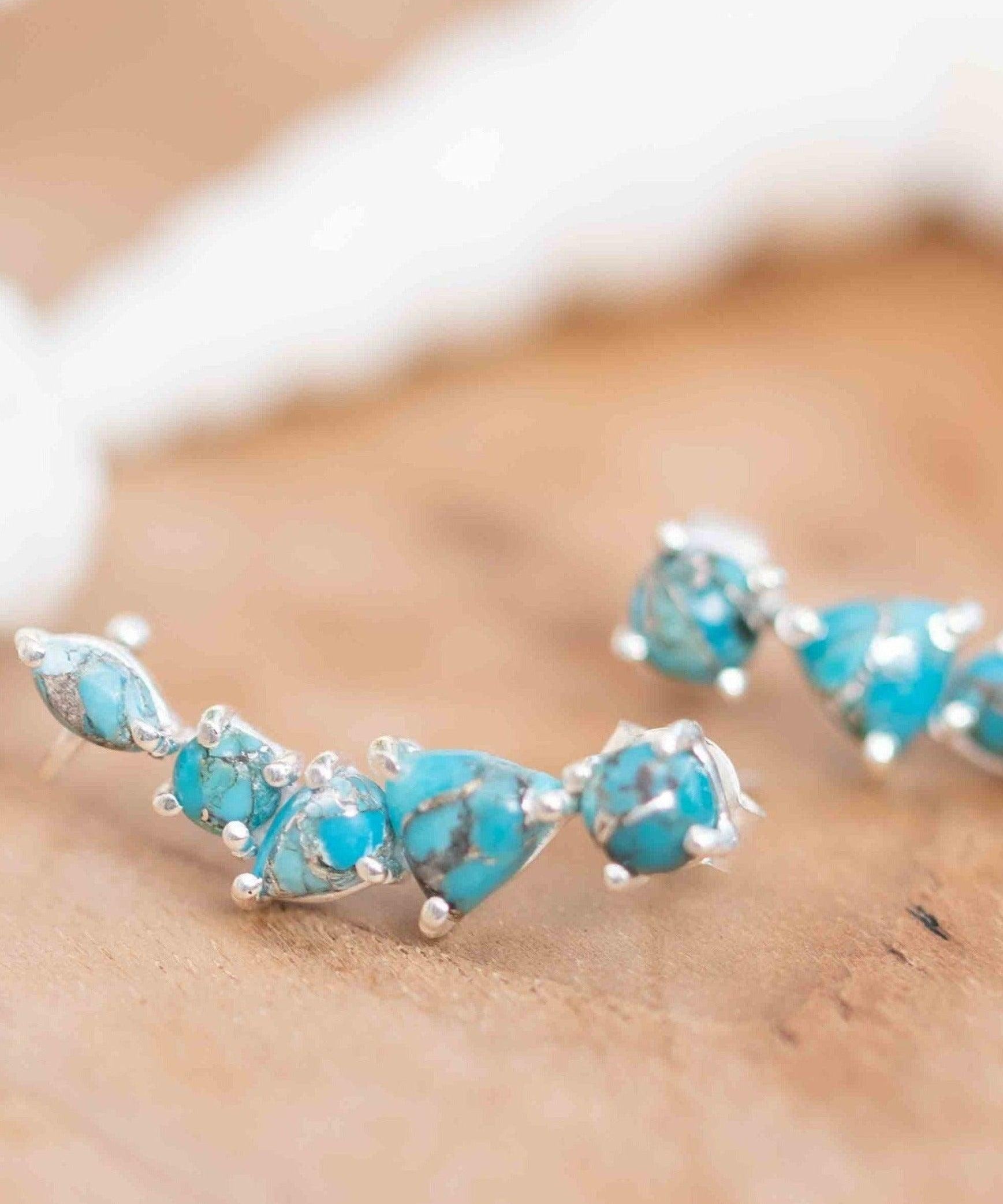 Copper Turquoise Ear Climber Earrings ~Stud~Jewelry~ Sterling Silver 925 ~Natural ~Minimalist Everyday ~Gift for Her ~ Boho~ Hippie ~ ME165