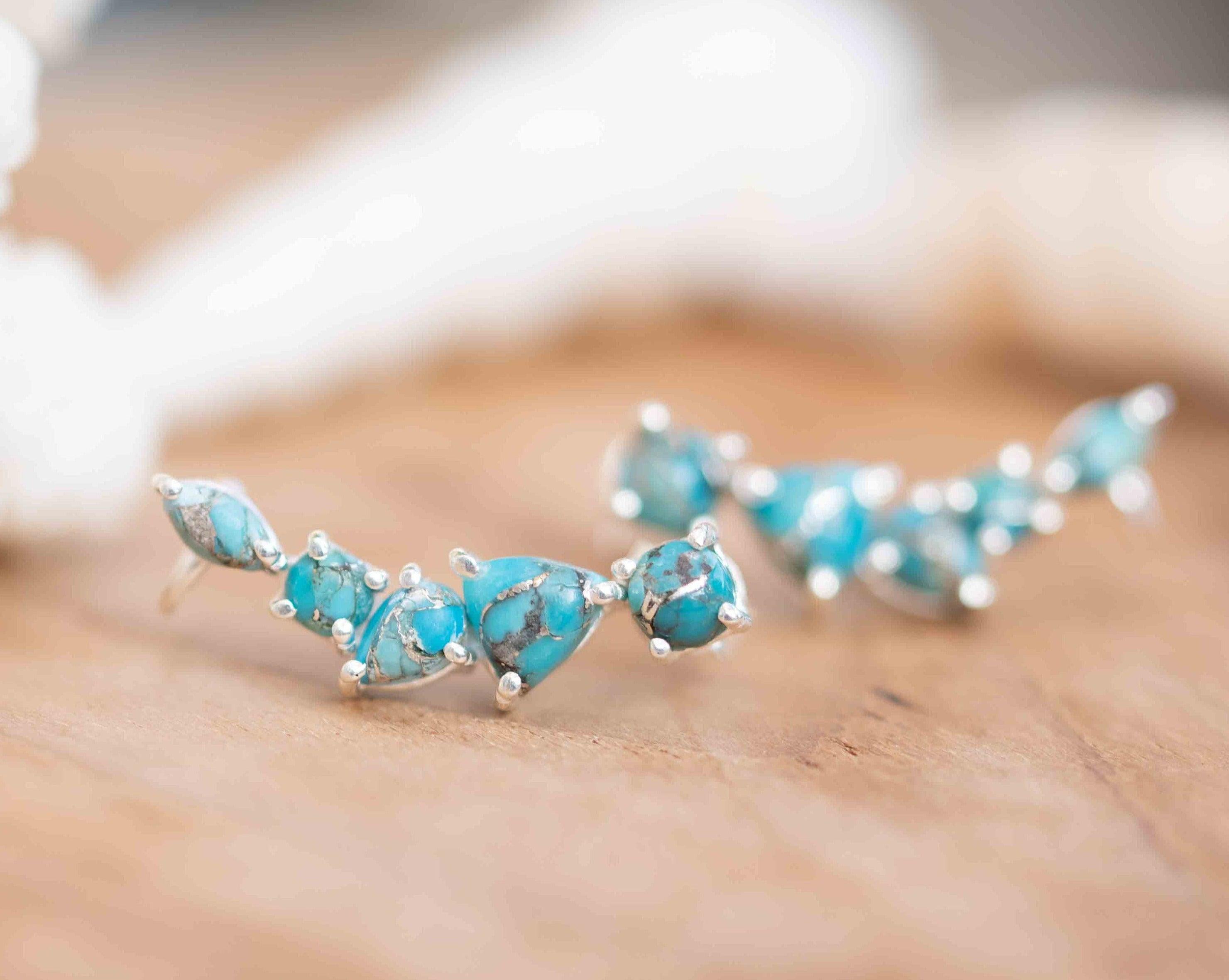 Copper Turquoise Ear Climber Earrings ~Stud~Jewelry~ Sterling Silver 925 ~Natural ~Minimalist Everyday ~Gift for Her ~ Boho~ Hippie ~ ME165