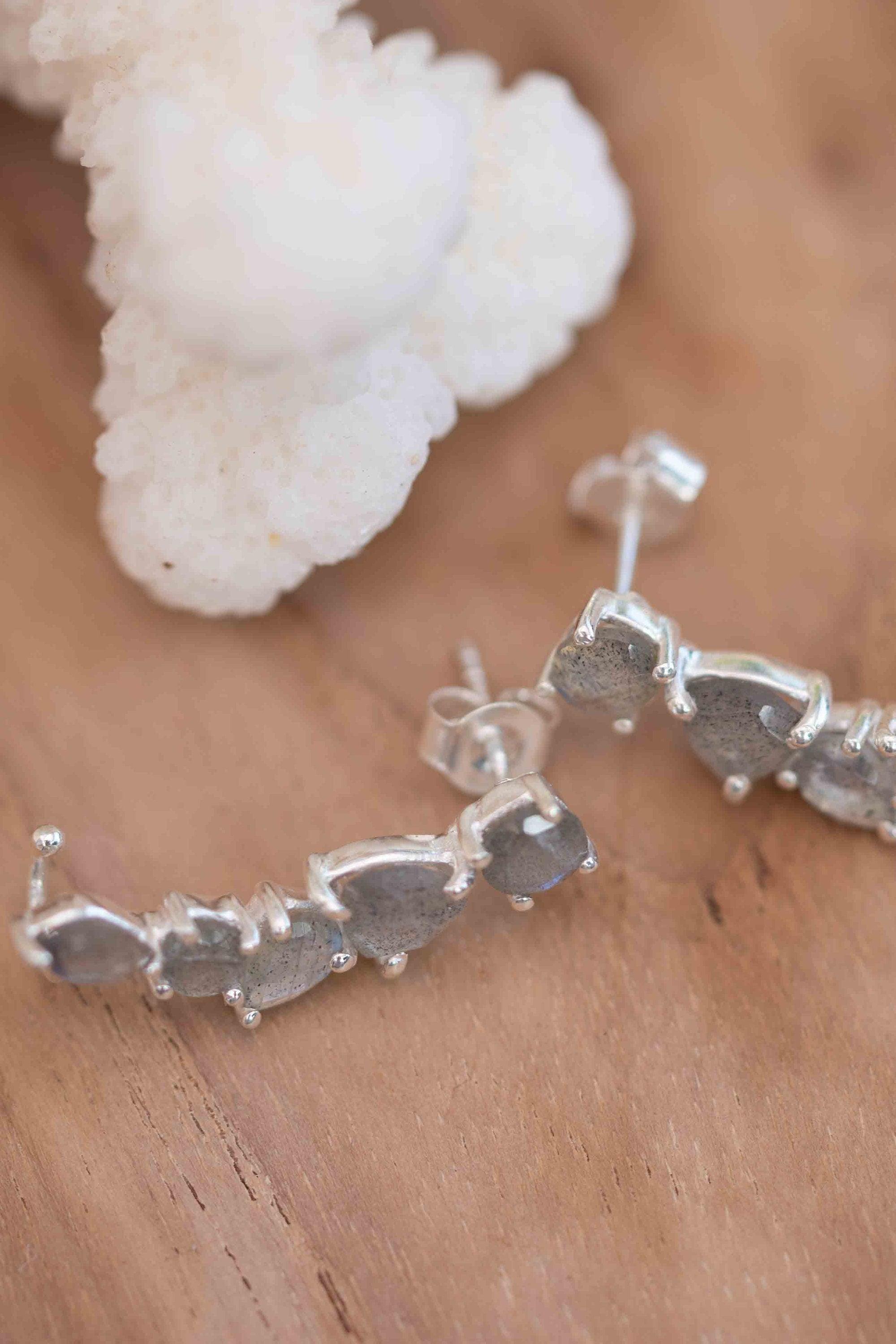 Labradorite Ear Climber Earrings ~ Stud ~ Jewelry ~ Sterling Silver 925 ~Natural ~ Minimalist Everyday ~ Gift for Her ~ Boho ~ Hippie ~ME163