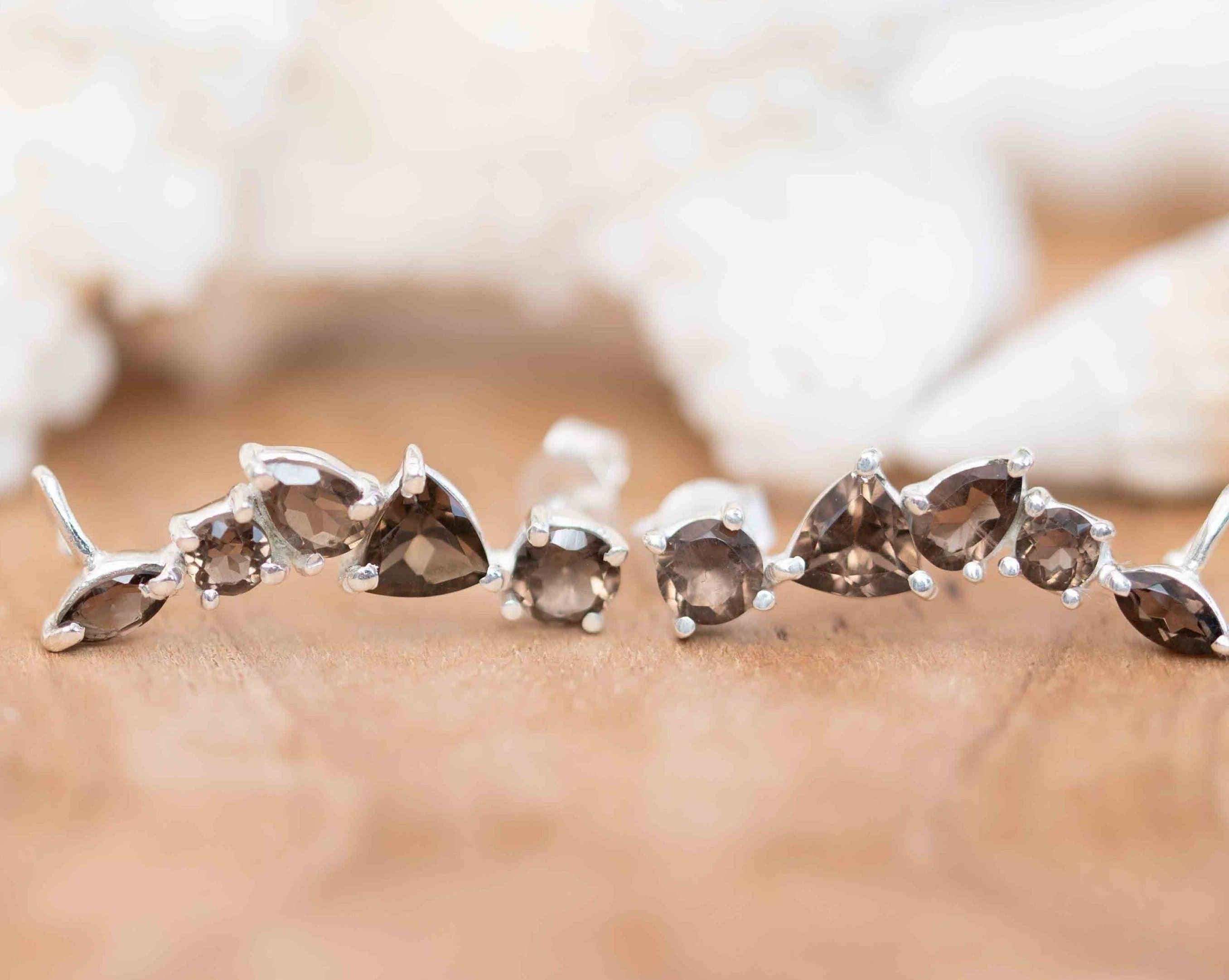 Smoky Quartz Ear Climber Earrings ~ Stud ~ Jewelry ~Sterling Silver 925 ~Natural ~ Minimalist Everyday ~Gift for Her ~ Boho ~Hippie ~ ME164