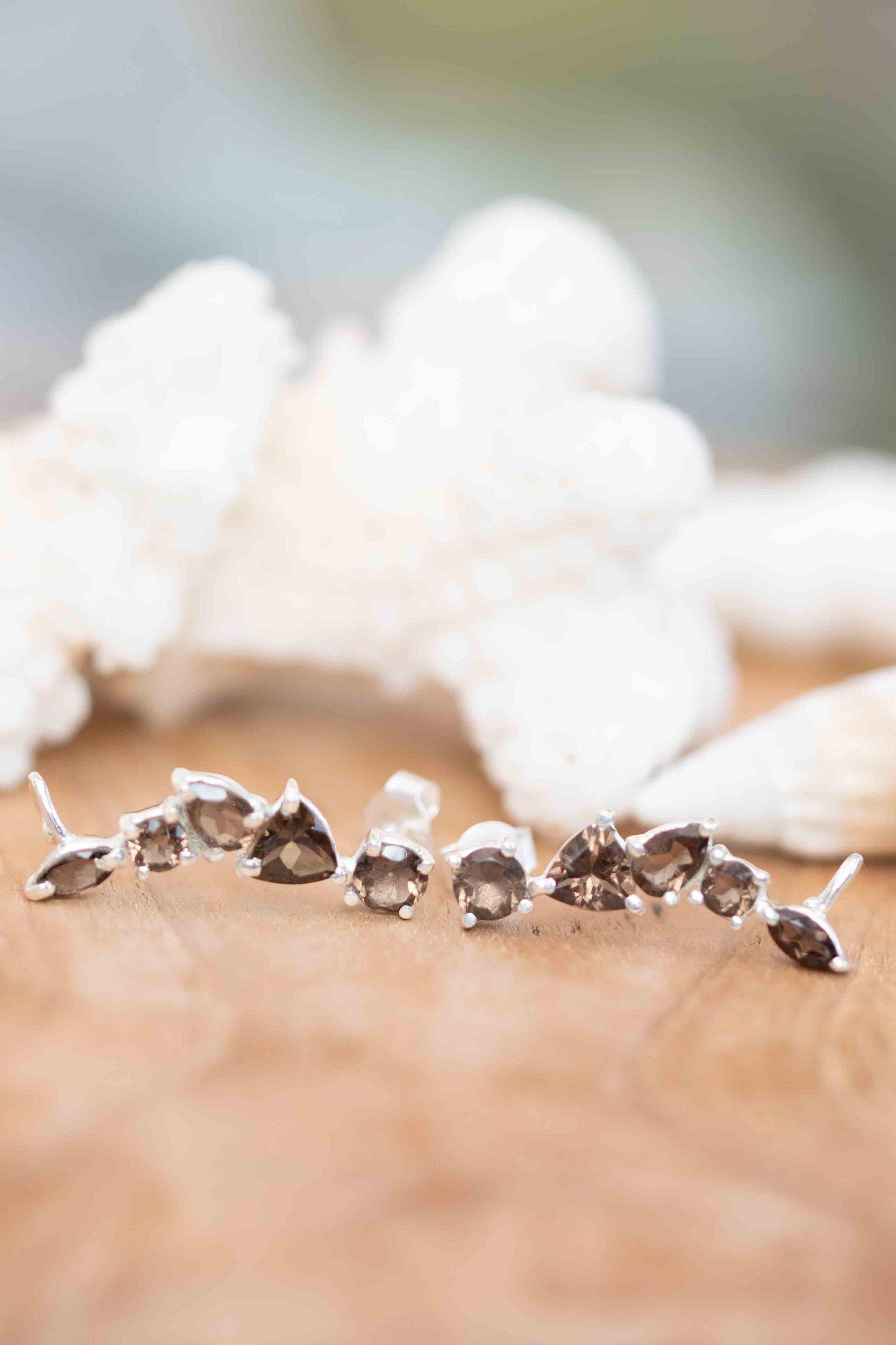 Smoky Quartz Ear Climber Earrings ~ Stud ~ Jewelry ~Sterling Silver 925 ~Natural ~ Minimalist Everyday ~Gift for Her ~ Boho ~Hippie ~ ME164