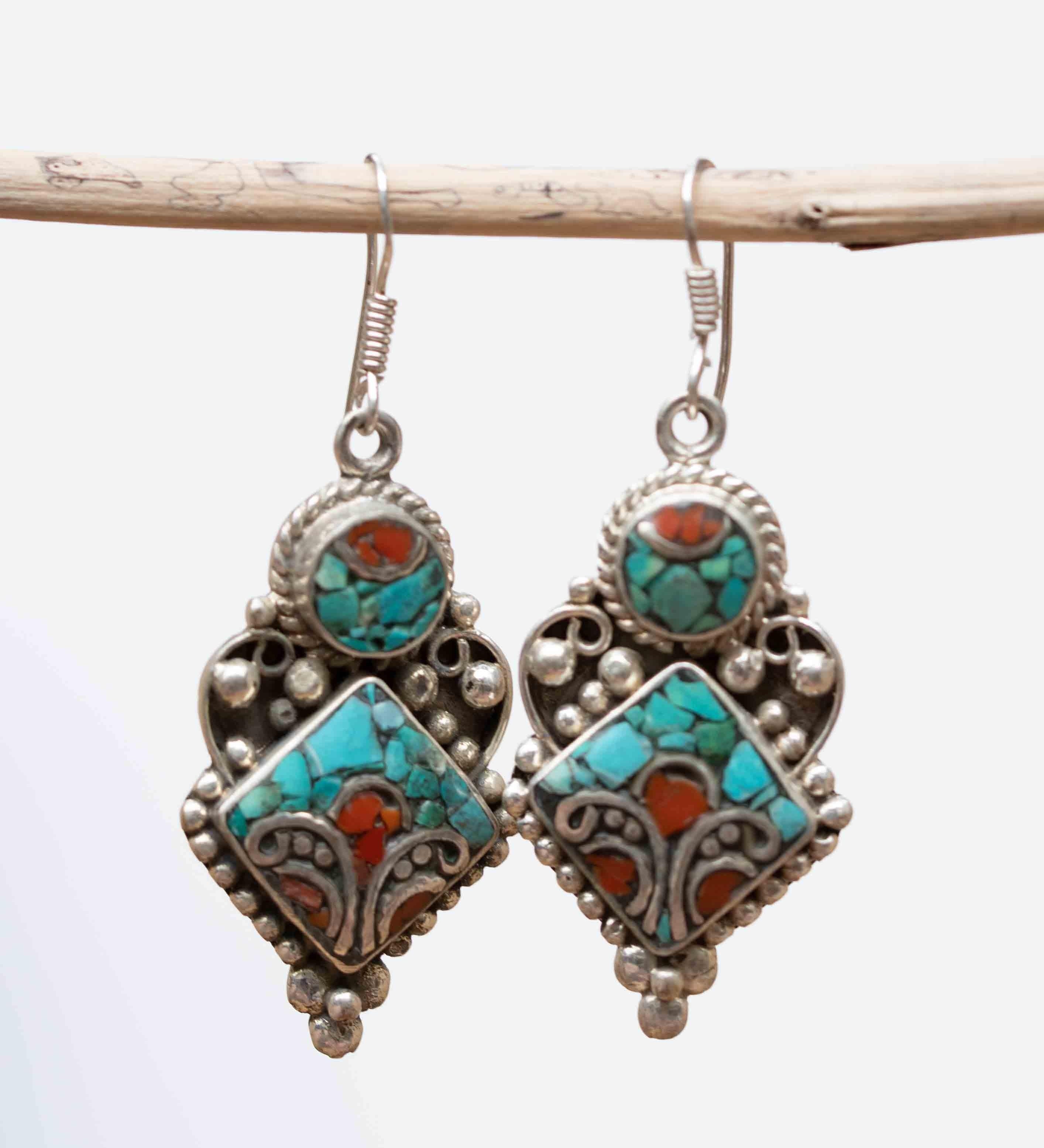 Eliane Turquoise Tibetan Earrings ~German Silver ~ SME012 - Maresia Jewelry