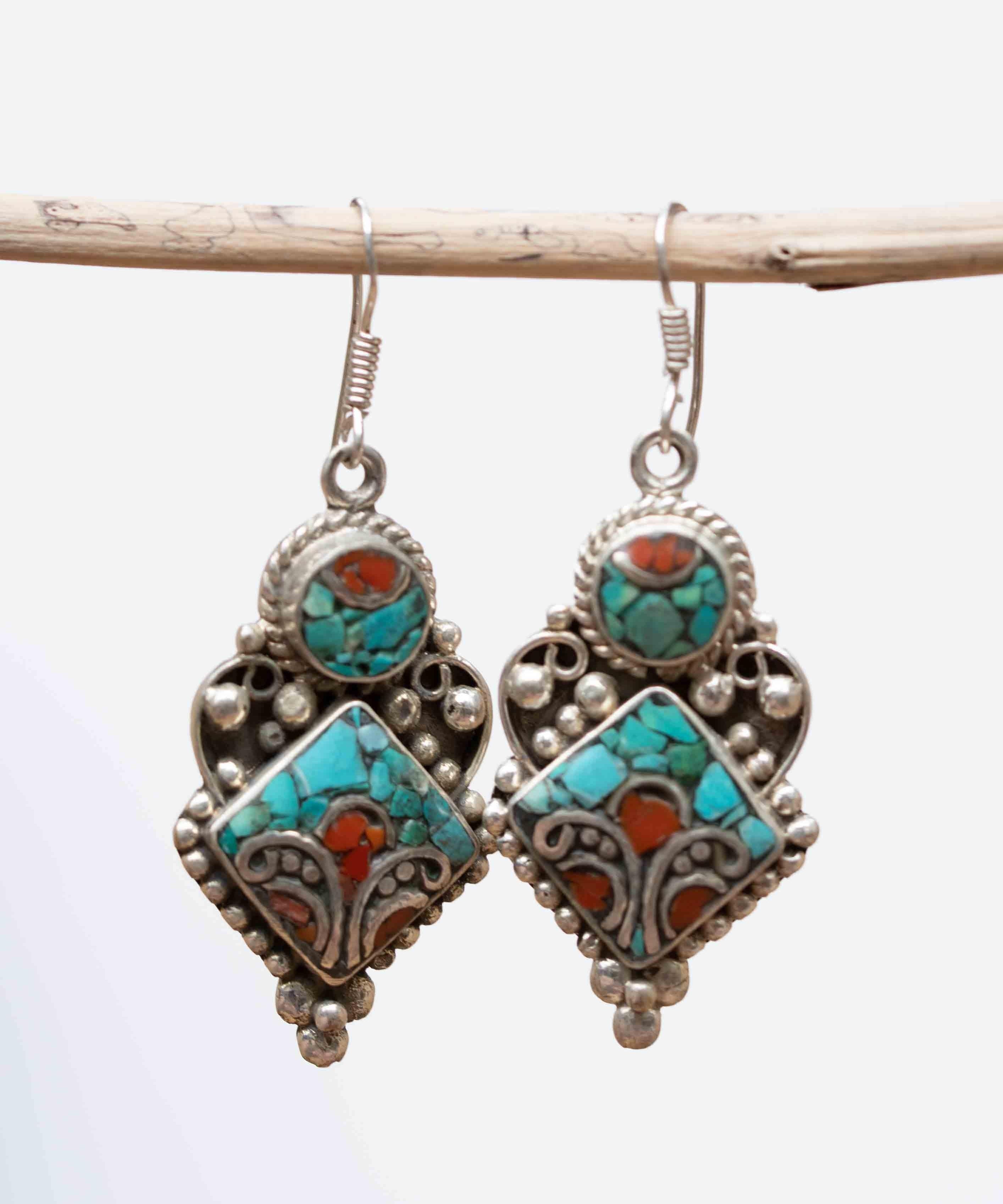Eliane Turquoise Tibetan Earrings ~German Silver ~ SME012 - Maresia Jewelry