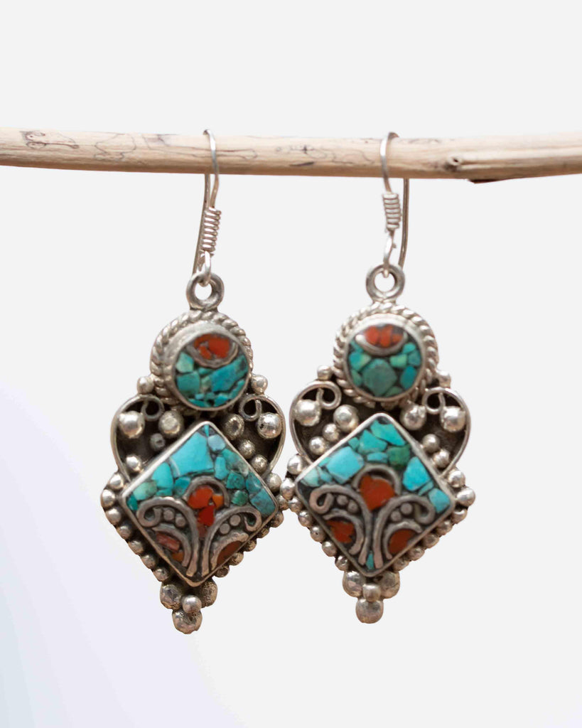 Eliane Turquoise Tibetan Earrings ~German Silver ~ SME012 - Maresia Jewelry