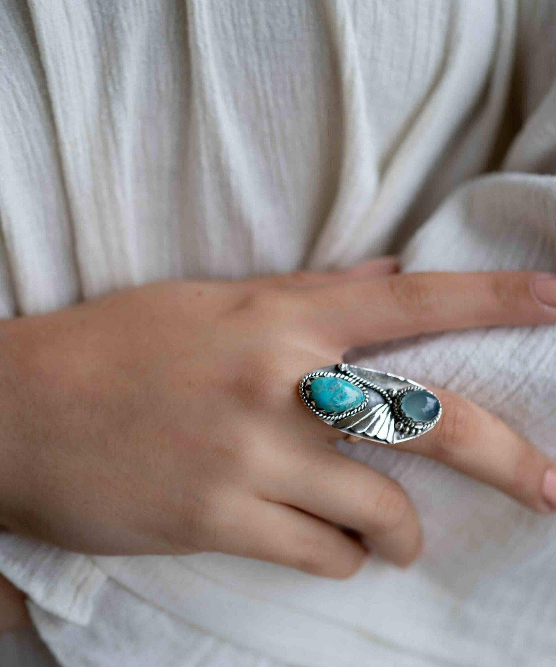Turquoise & Aqua Chalcedony Ring ~ Sterling Silver 925 ~ Handmade ~ Statement ~Hippie ~Bohemian ~Jewelry ~Gemstone~December Birthstone*MR292