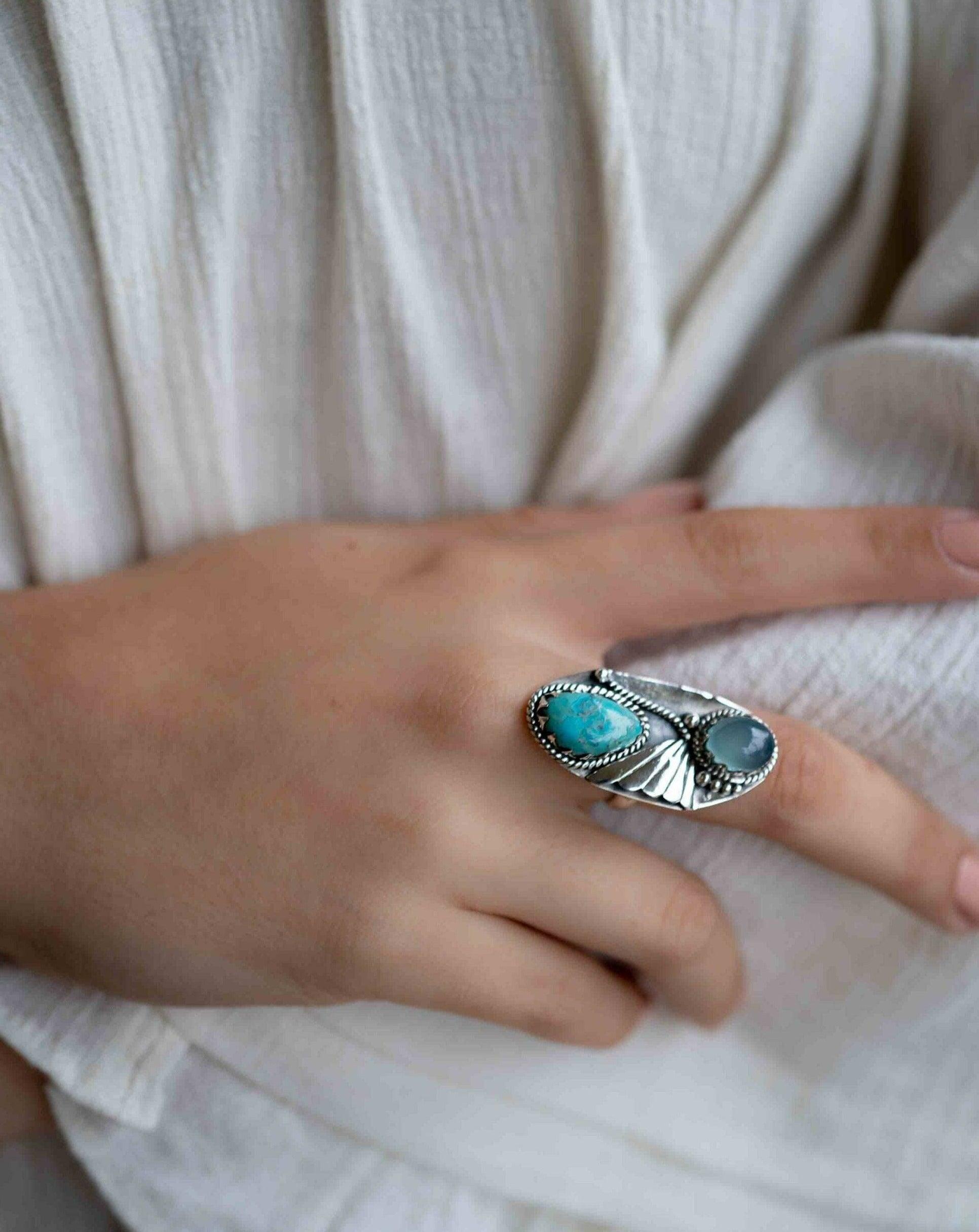 Turquoise & Aqua Chalcedony Ring ~ Sterling Silver 925 ~ Handmade ~ Statement ~Hippie ~Bohemian ~Jewelry ~Gemstone~December Birthstone*MR292