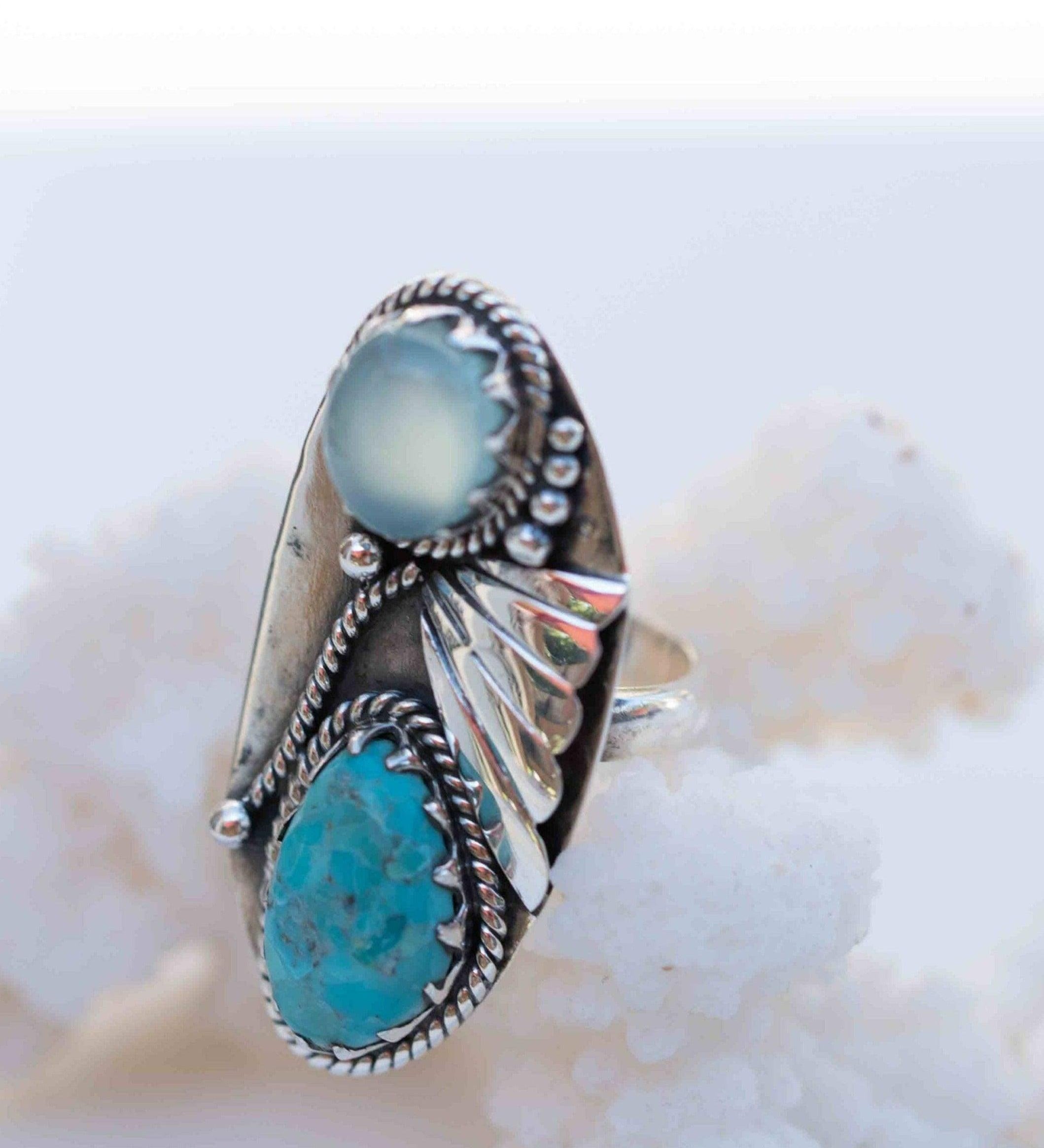 Turquoise & Aqua Chalcedony Ring ~ Sterling Silver 925 ~ Handmade ~ Statement ~Hippie ~Bohemian ~Jewelry ~Gemstone~December Birthstone*MR292