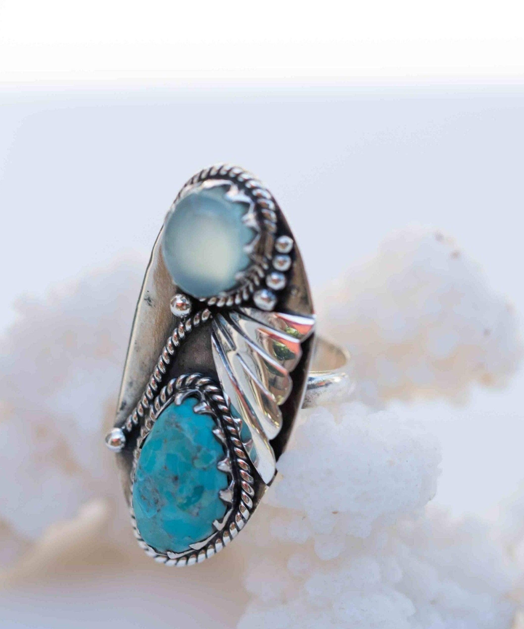 Turquoise & Aqua Chalcedony Ring ~ Sterling Silver 925 ~ Handmade ~ Statement ~Hippie ~Bohemian ~Jewelry ~Gemstone~December Birthstone*MR292