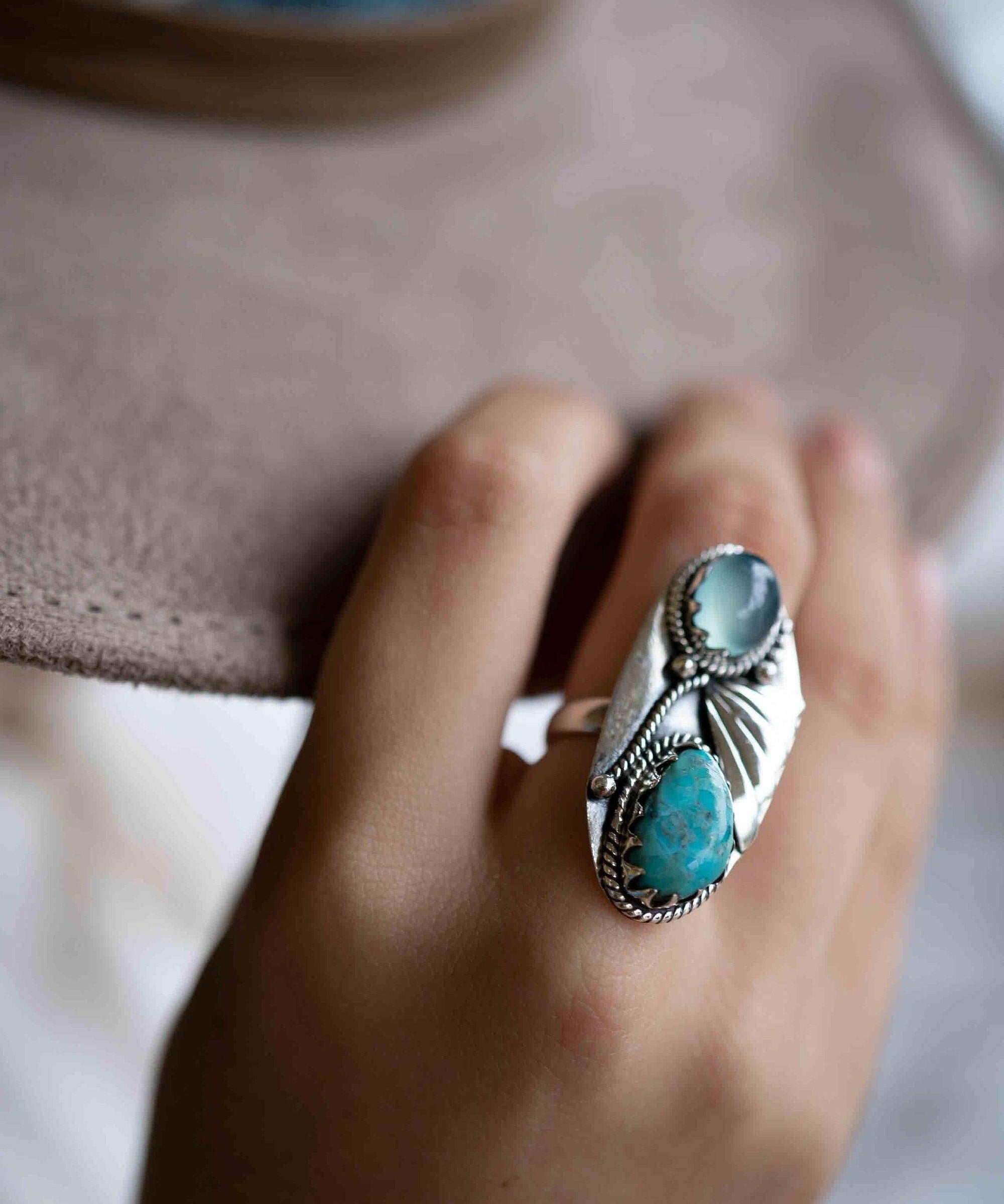 Turquoise & Aqua Chalcedony Ring ~ Sterling Silver 925 ~ Handmade ~ Statement ~Hippie ~Bohemian ~Jewelry ~Gemstone~December Birthstone*MR292