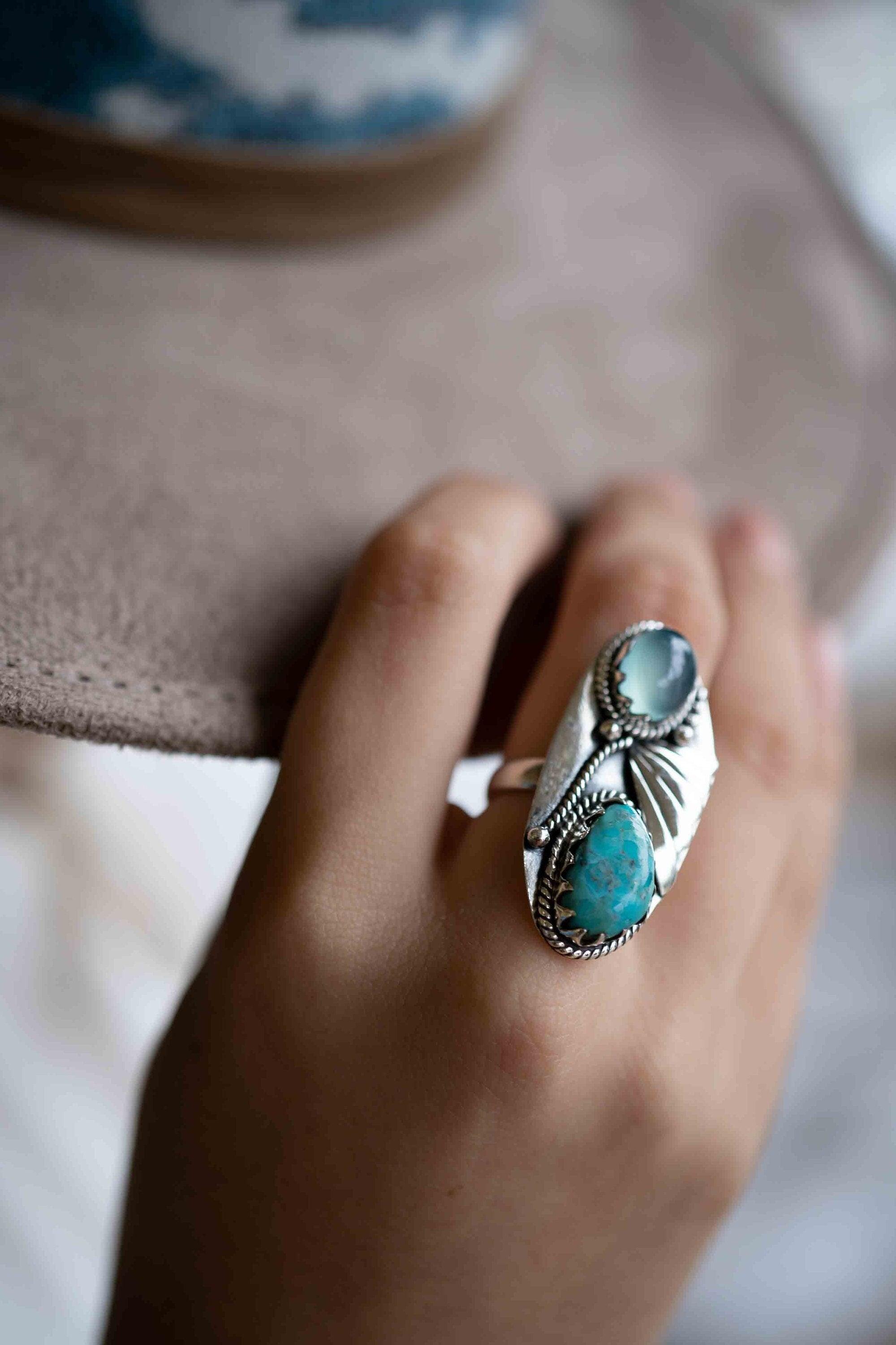 Turquoise & Aqua Chalcedony Ring ~ Sterling Silver 925 ~ Handmade ~ Statement ~Hippie ~Bohemian ~Jewelry ~Gemstone~December Birthstone*MR292