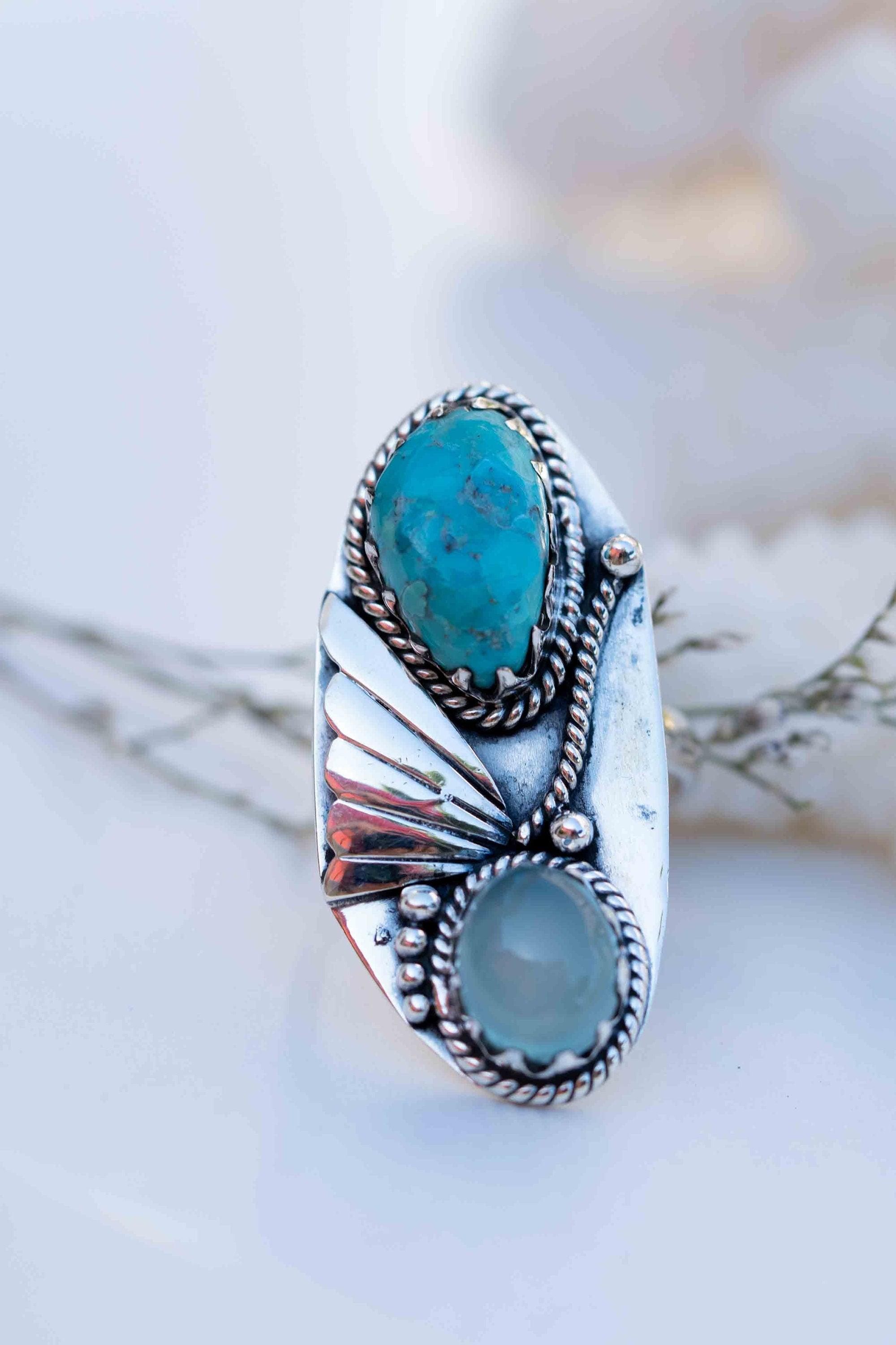 Turquoise & Aqua Chalcedony Ring ~ Sterling Silver 925 ~ Handmade ~ Statement ~Hippie ~Bohemian ~Jewelry ~Gemstone~December Birthstone*MR292