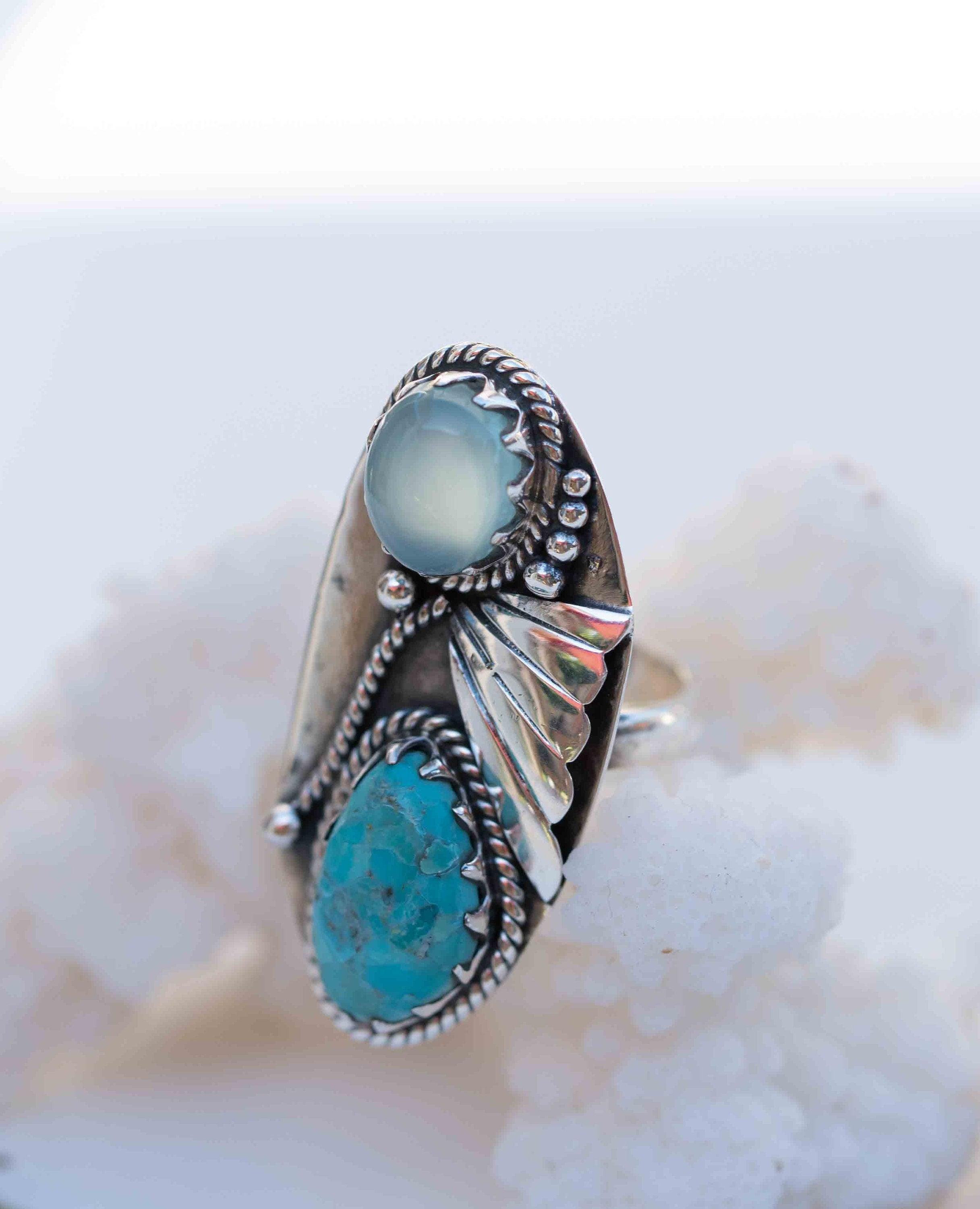 Turquoise & Aqua Chalcedony Ring ~ Sterling Silver 925 ~ Handmade ~ Statement ~Hippie ~Bohemian ~Jewelry ~Gemstone~December Birthstone*MR292