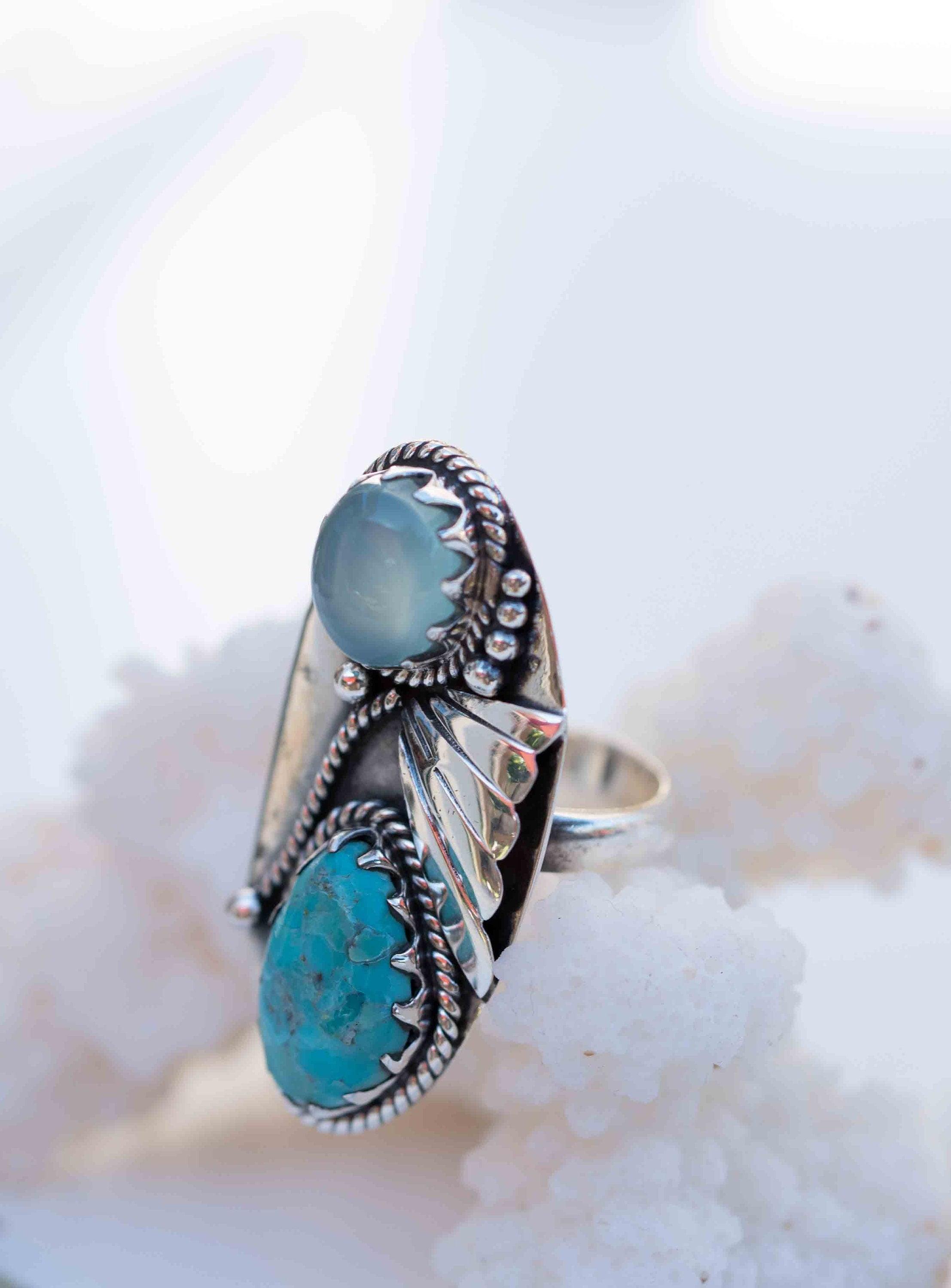 Turquoise & Aqua Chalcedony Ring ~ Sterling Silver 925 ~ Handmade ~ Statement ~Hippie ~Bohemian ~Jewelry ~Gemstone~December Birthstone*MR292