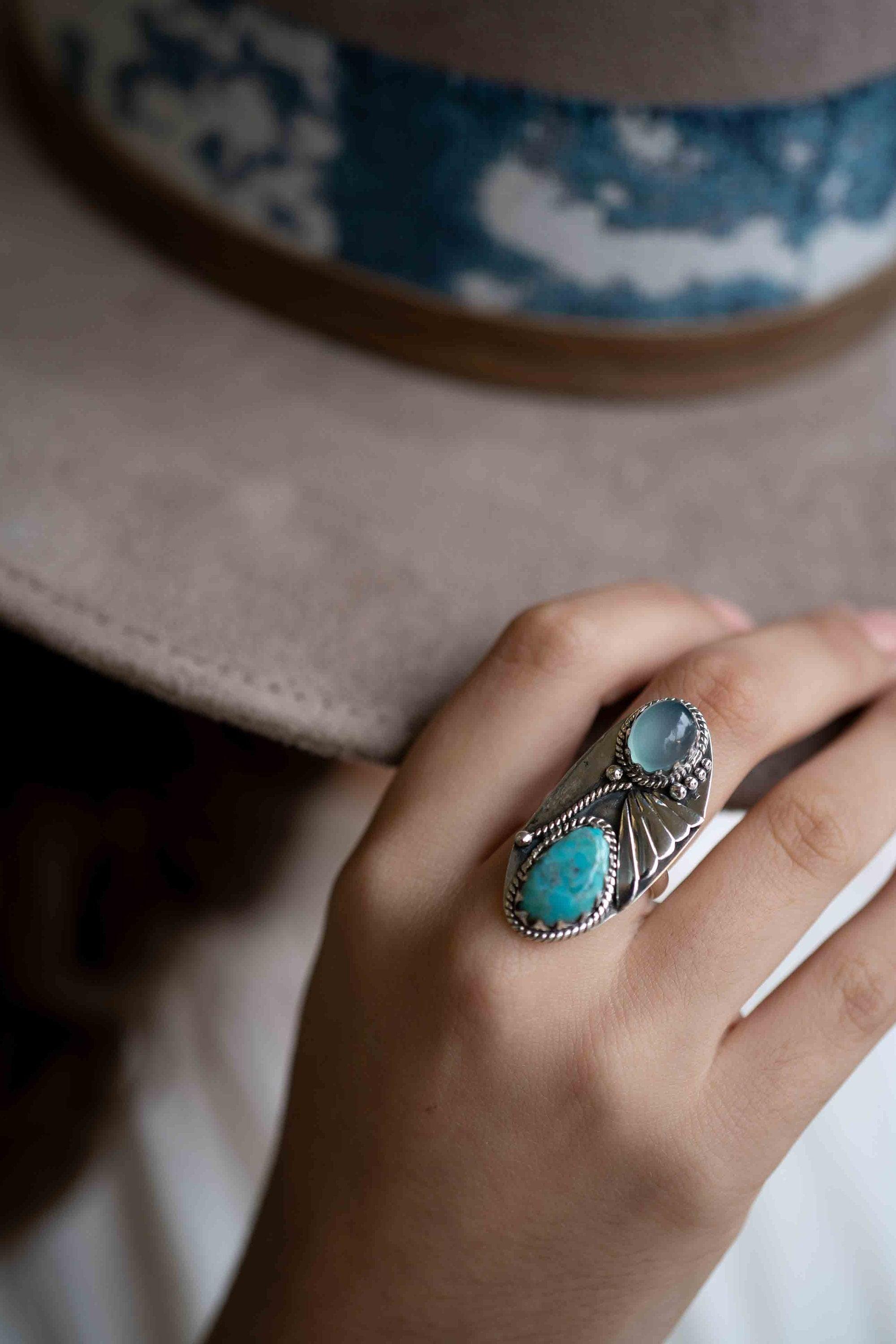 Turquoise & Aqua Chalcedony Ring ~ Sterling Silver 925 ~ Handmade ~ Statement ~Hippie ~Bohemian ~Jewelry ~Gemstone~December Birthstone*MR292