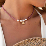 Pink Tourmaline and Pearl necklace~ Gold Filled Flower ~ Choker ~ Jewelry ~ Gift For Her ~ Minimalist~ Handmade MN099