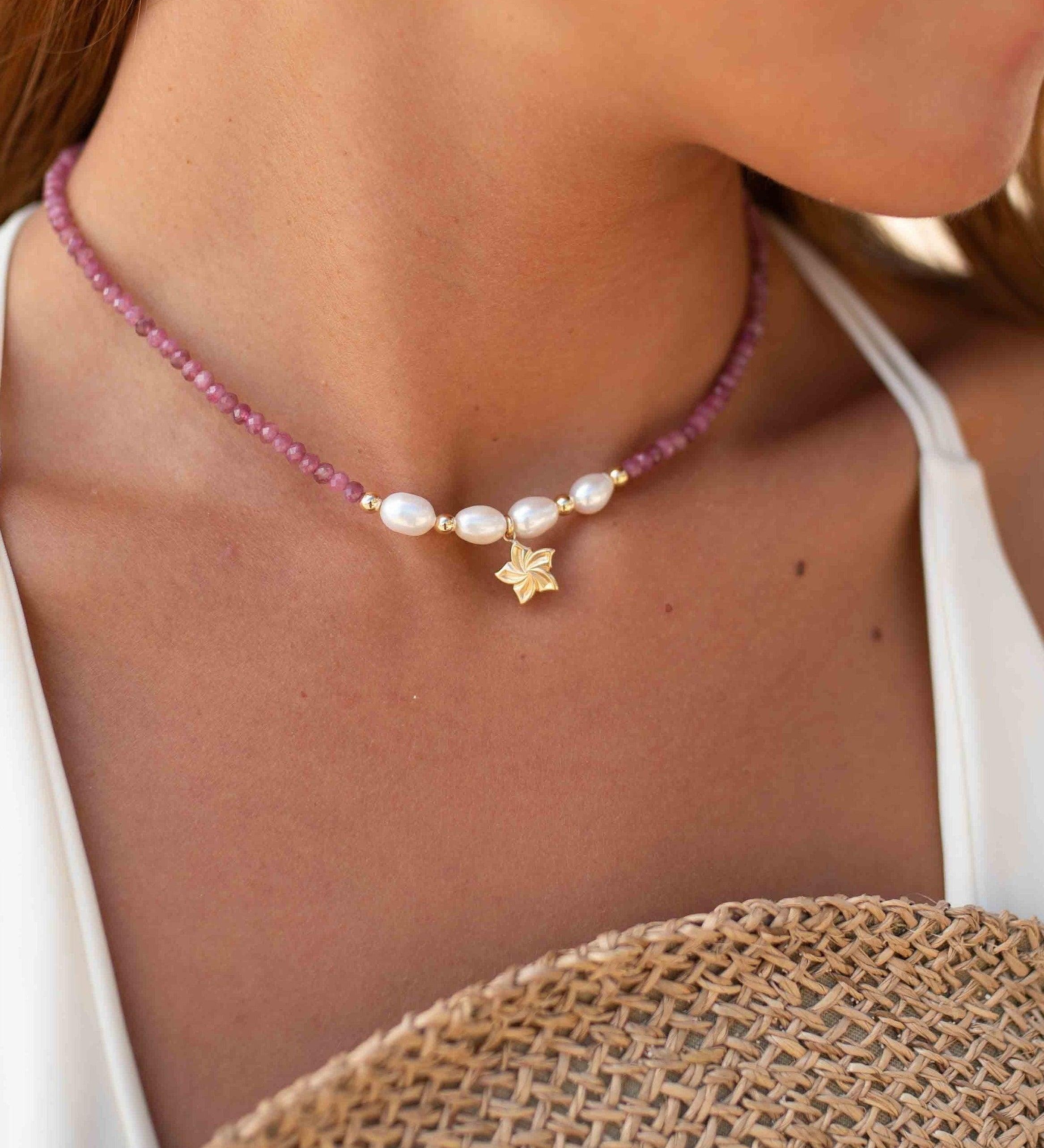 Pink Tourmaline and Pearl necklace~ Gold Filled Flower ~ Choker ~ Jewelry ~ Gift For Her ~ Minimalist~ Handmade MN099