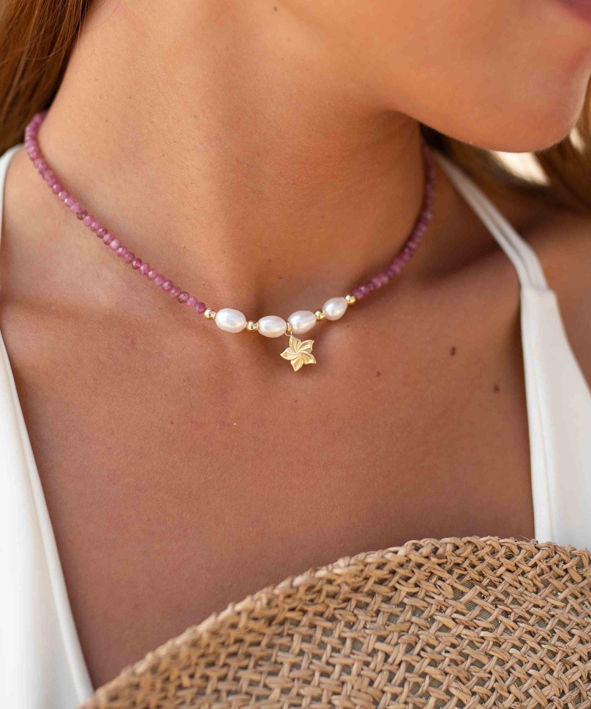 Pink Tourmaline and Pearl necklace~ Gold Filled Flower ~ Choker ~ Jewelry ~ Gift For Her ~ Minimalist~ Handmade MN099