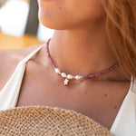 Pink Tourmaline and Pearl necklace~ Gold Filled Flower ~ Choker ~ Jewelry ~ Gift For Her ~ Minimalist~ Handmade MN099
