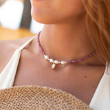 Pink Tourmaline and Pearl necklace~ Gold Filled Flower ~ Choker ~ Jewelry ~ Gift For Her ~ Minimalist~ Handmade MN099