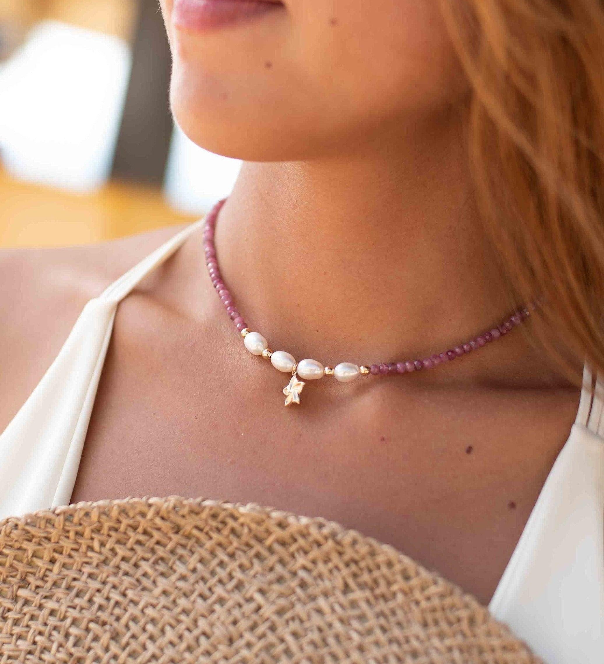Pink Tourmaline and Pearl necklace~ Gold Filled Flower ~ Choker ~ Jewelry ~ Gift For Her ~ Minimalist~ Handmade MN099