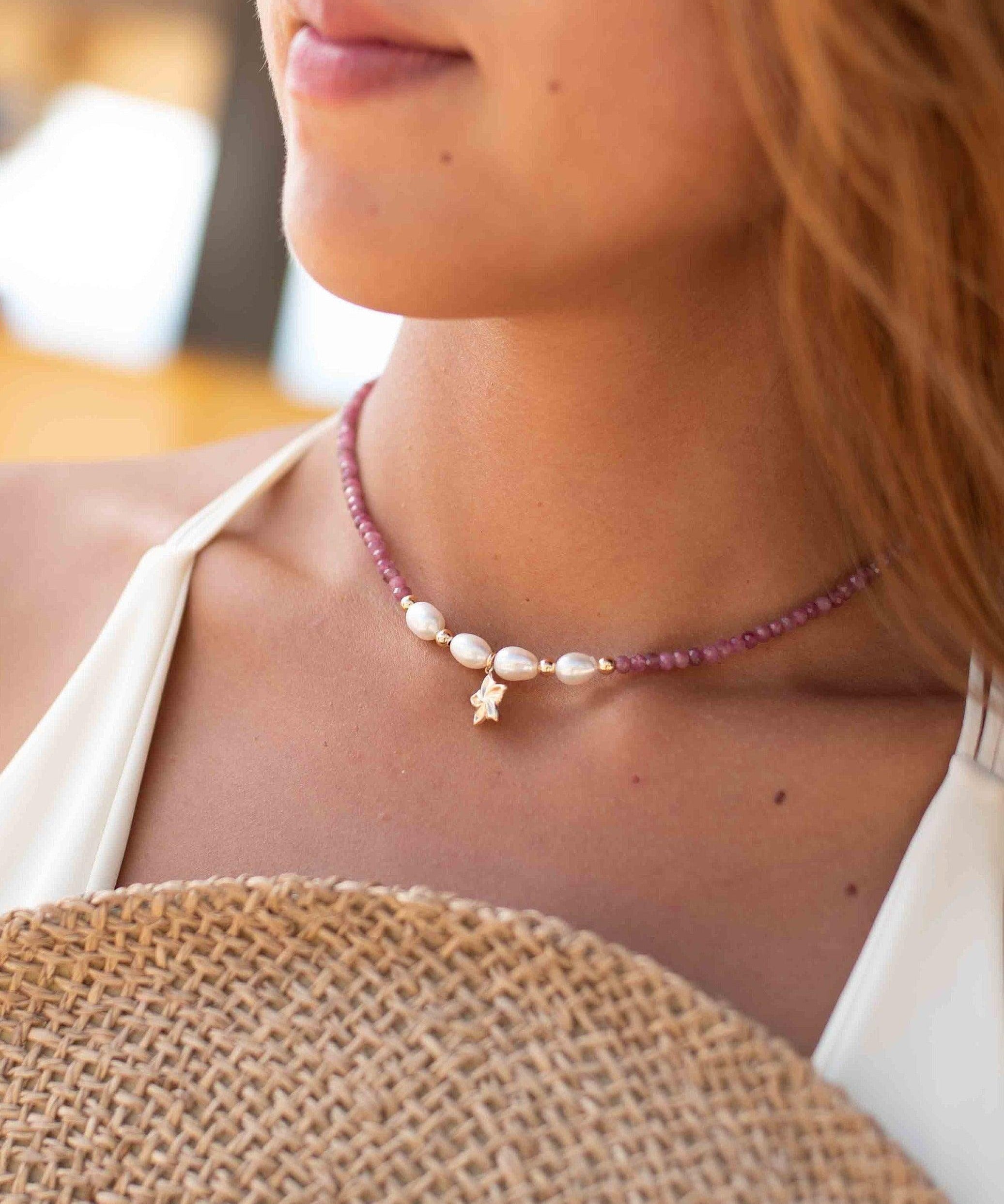 Pink Tourmaline and Pearl necklace~ Gold Filled Flower ~ Choker ~ Jewelry ~ Gift For Her ~ Minimalist~ Handmade MN099