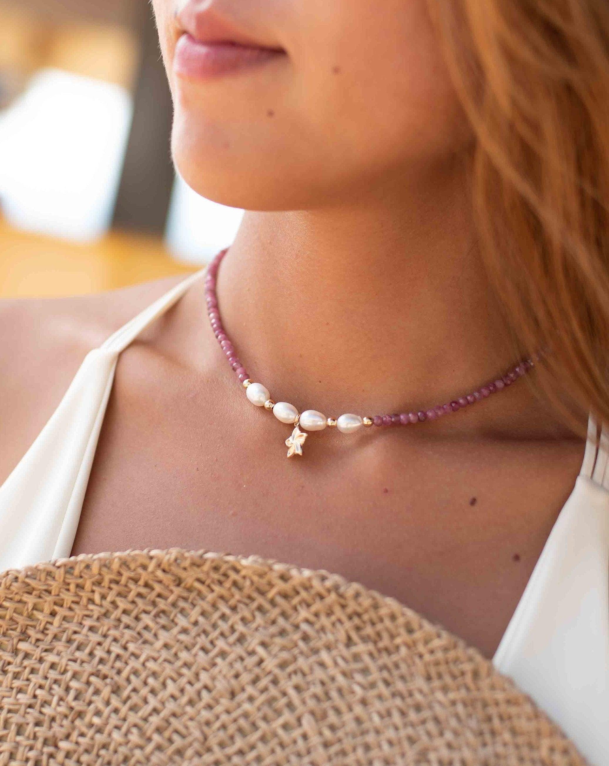 Pink Tourmaline and Pearl necklace~ Gold Filled Flower ~ Choker ~ Jewelry ~ Gift For Her ~ Minimalist~ Handmade MN099