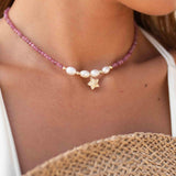 Pink Tourmaline and Pearl necklace~ Gold Filled Flower ~ Choker ~ Jewelry ~ Gift For Her ~ Minimalist~ Handmade MN099