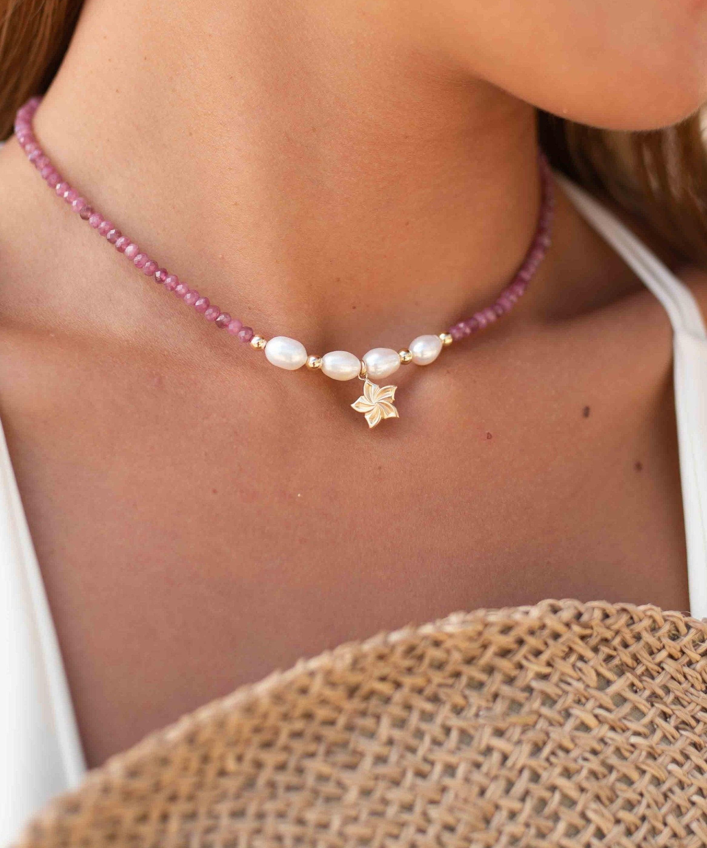 Pink Tourmaline and Pearl necklace~ Gold Filled Flower ~ Choker ~ Jewelry ~ Gift For Her ~ Minimalist~ Handmade MN099