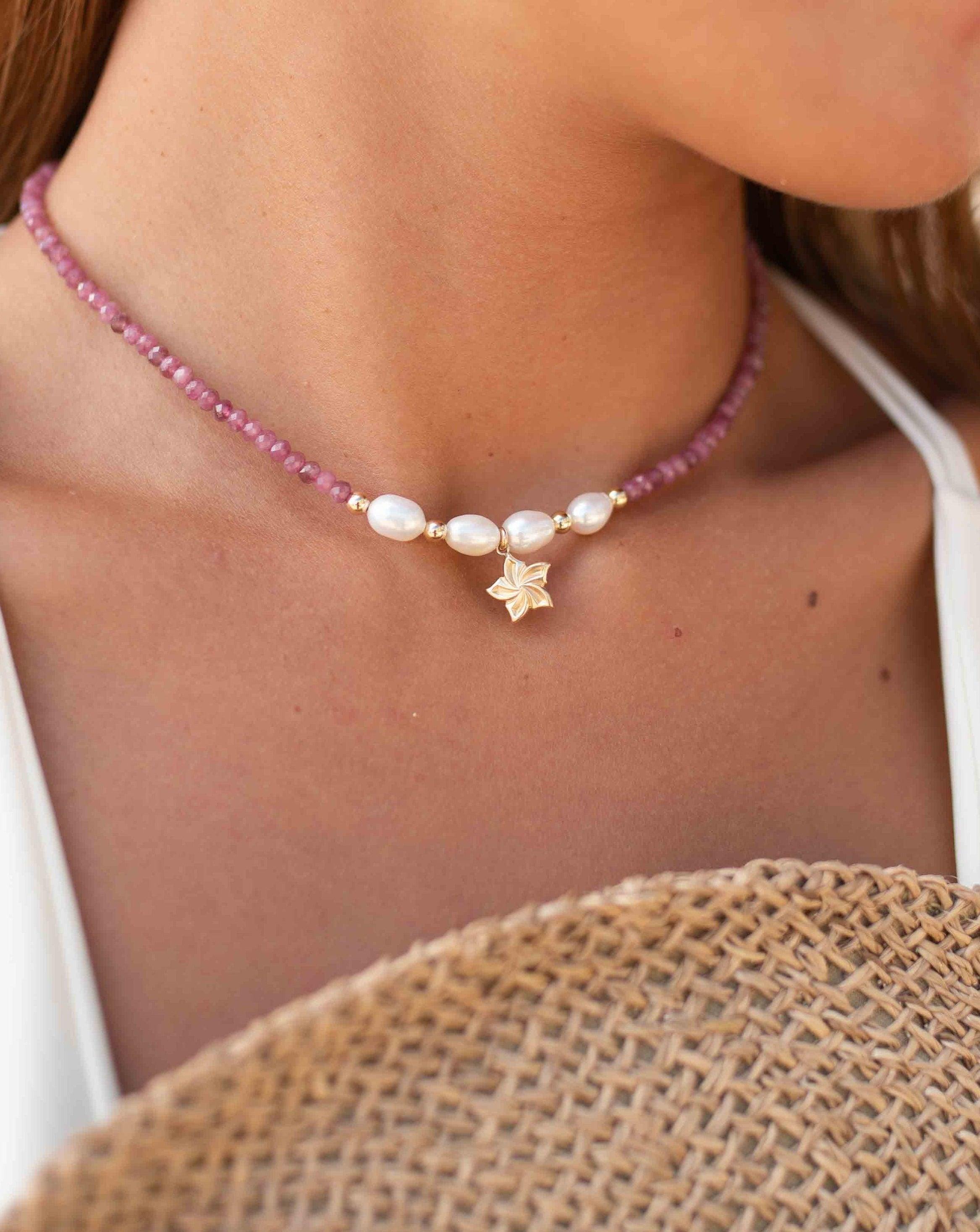 Pink Tourmaline and Pearl necklace~ Gold Filled Flower ~ Choker ~ Jewelry ~ Gift For Her ~ Minimalist~ Handmade MN099