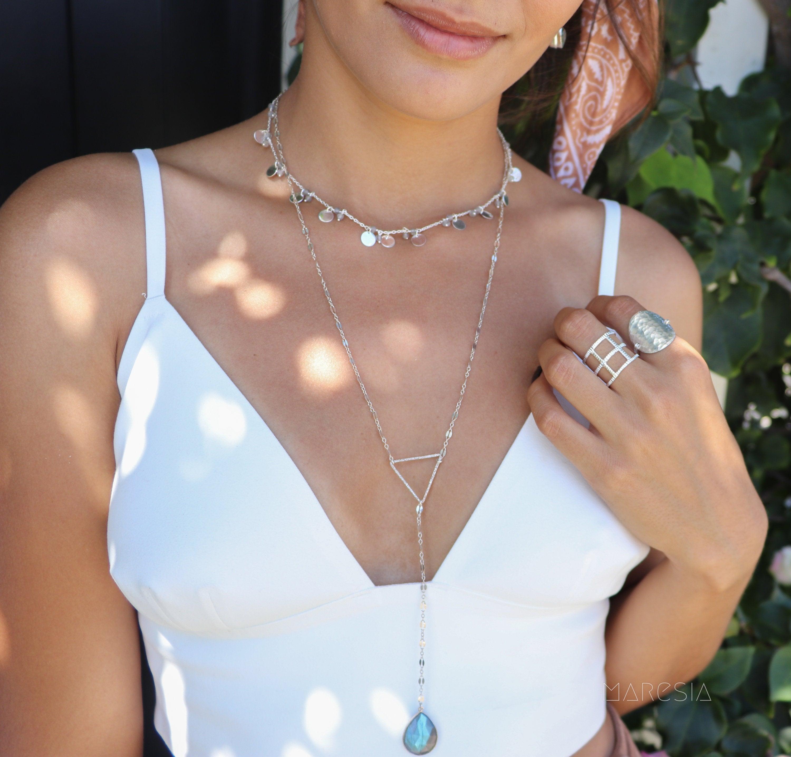 Labradorite or Moonstone Triangle Long Necklace~ Sterling Silver 925 or Gold Filled ~ Handmade ~ Bohemian ~ Gypsy ~Boho ~Necklace MN002