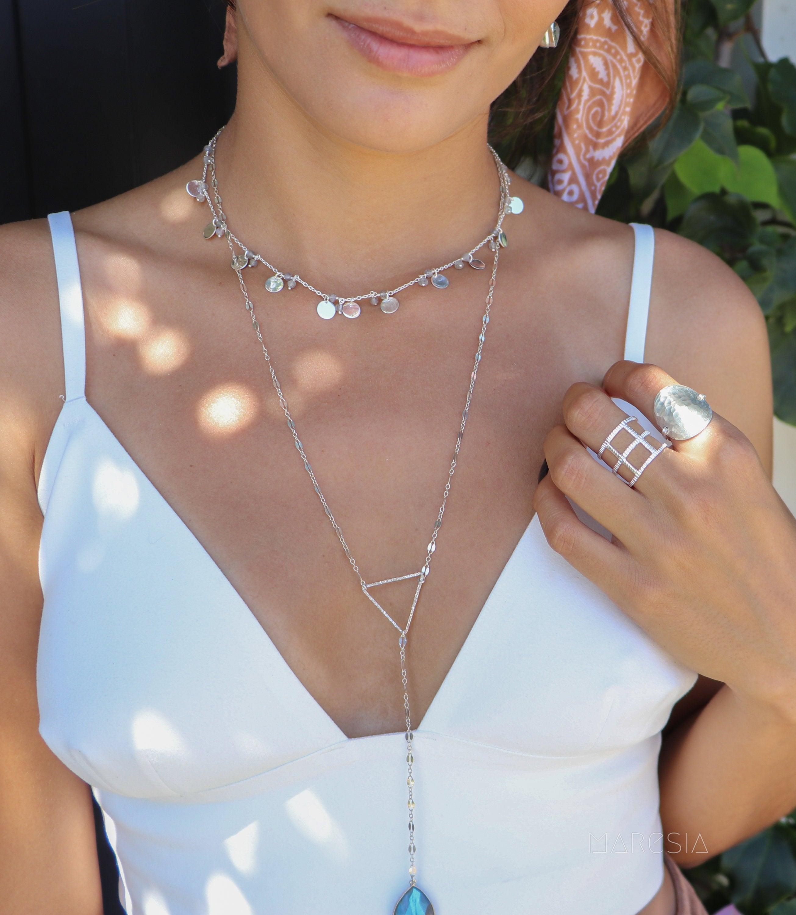 Labradorite or Moonstone Triangle Long Necklace~ Sterling Silver 925 or Gold Filled ~ Handmade ~ Bohemian ~ Gypsy ~Boho ~Necklace MN002A
