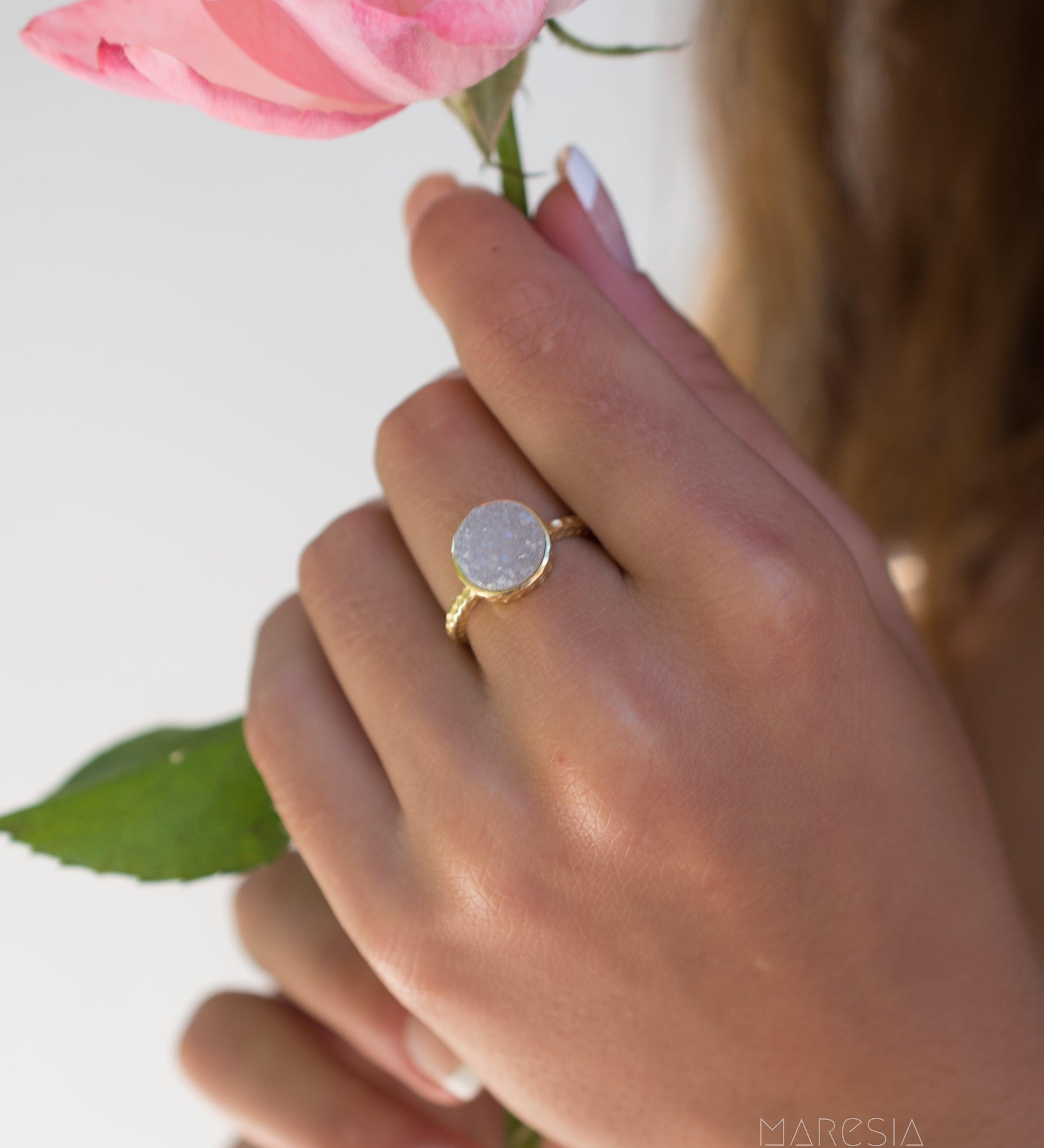 Gabi White Druzy Gold Ring ~ 18k Gold Plated ~ SMR108 - Maresia Jewelry
