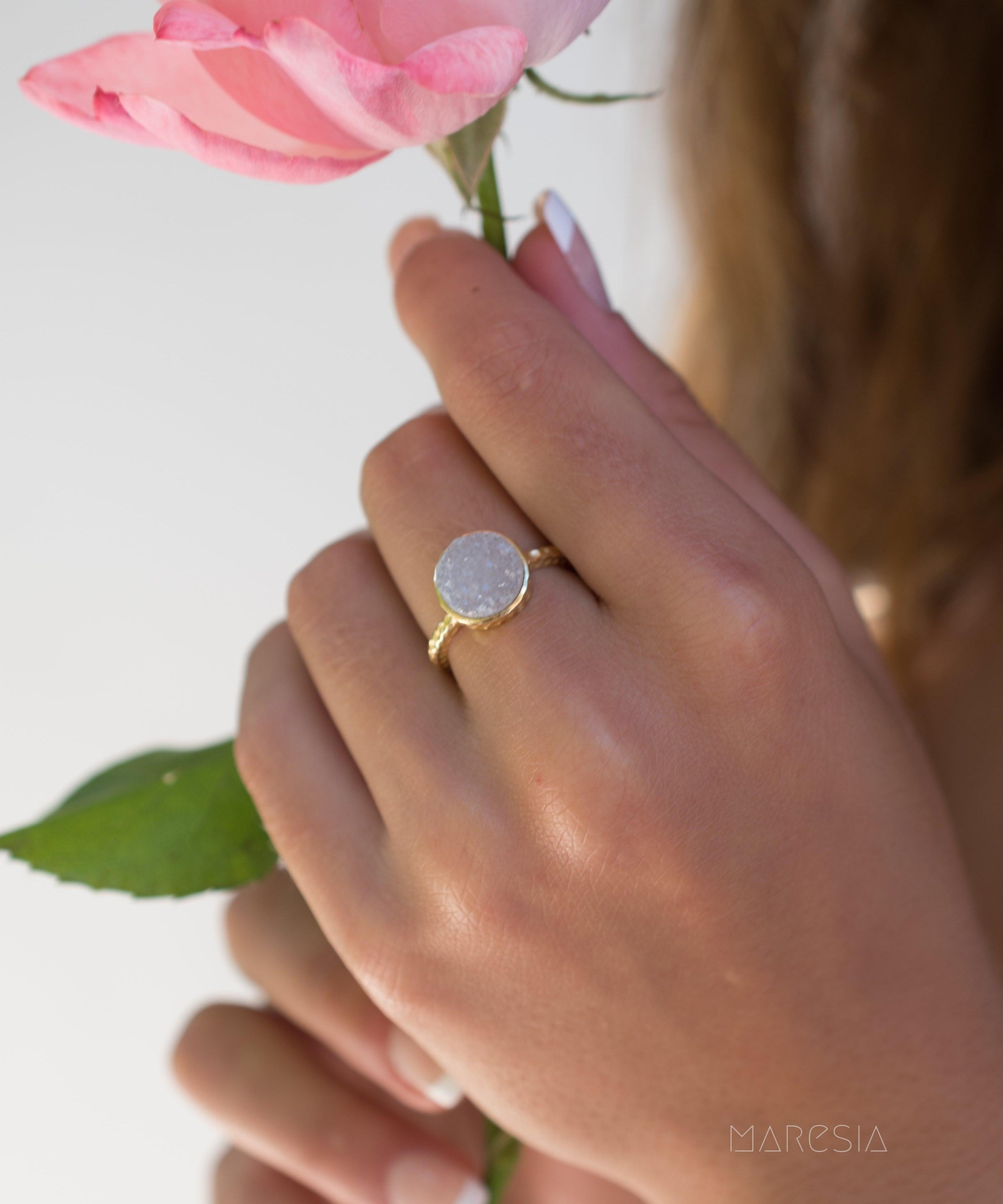 Gabi White Druzy Gold Ring ~ 18k Gold Plated ~ SMR108 - Maresia Jewelry