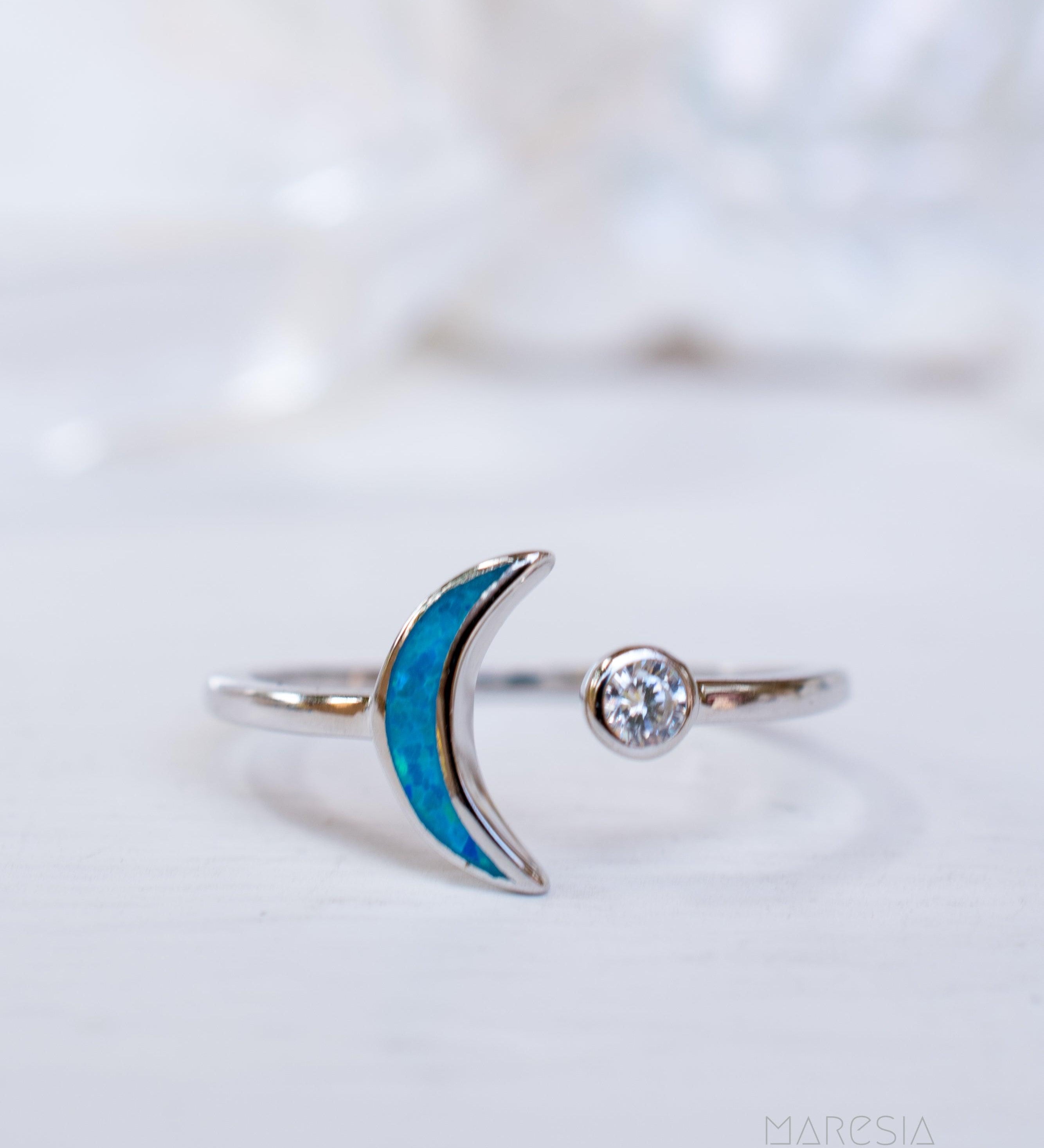 Half Moon & Star Blue Opal Ring ~Sterling Silver 925~ SMR048 - Maresia Jewelry