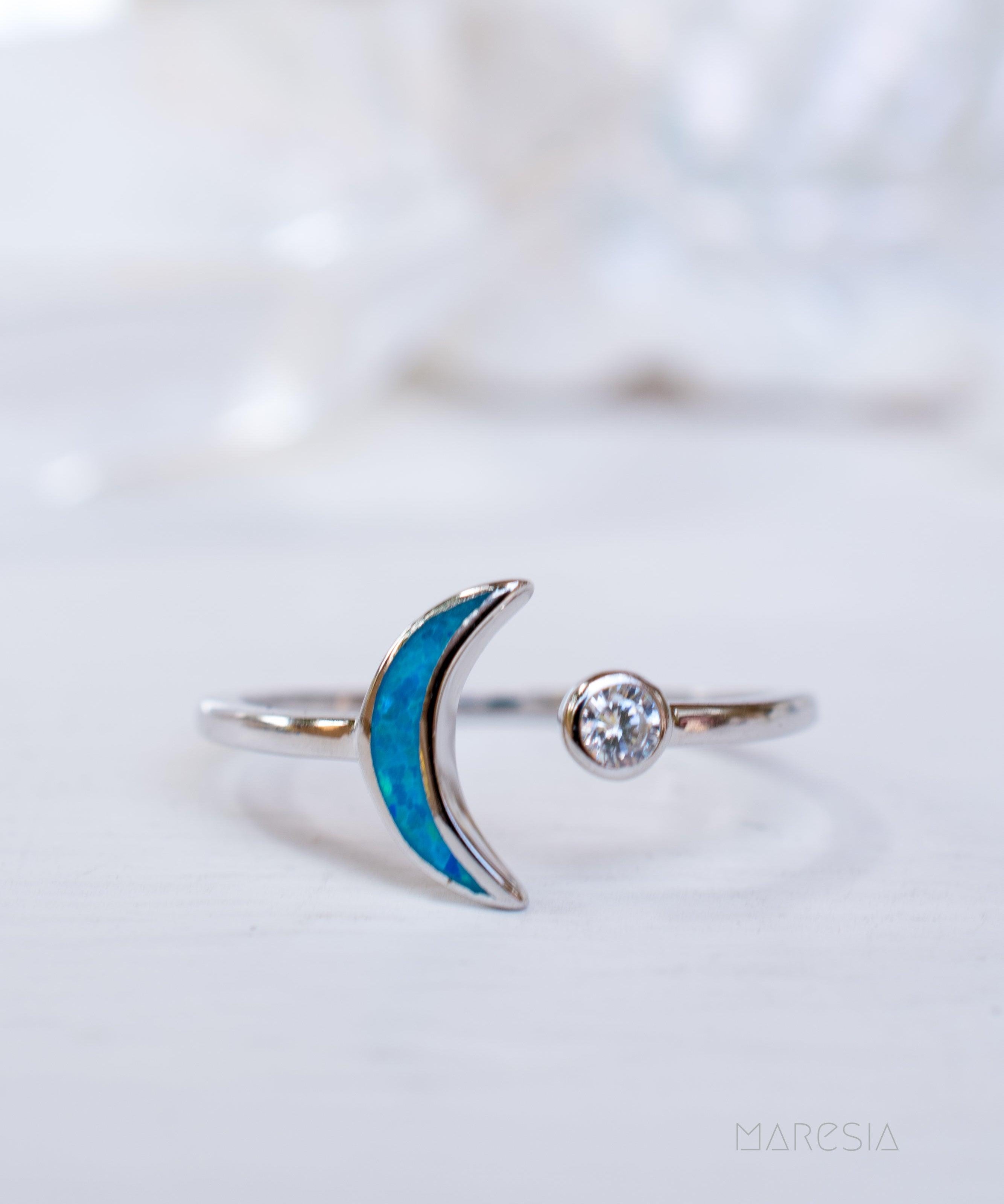Half Moon & Star Blue Opal Ring ~Sterling Silver 925~ SMR048 - Maresia Jewelry
