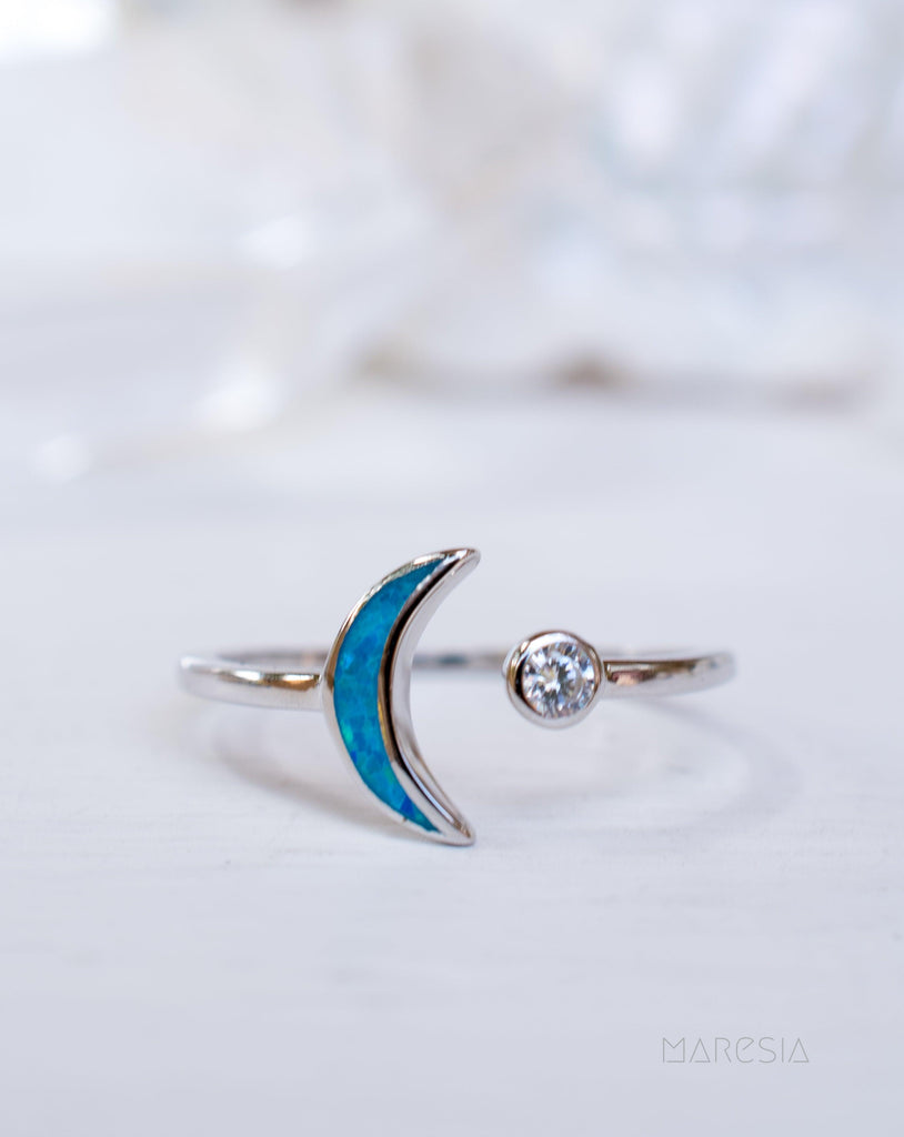 Half Moon & Star Blue Opal Ring ~Sterling Silver 925~ SMR048 - Maresia Jewelry