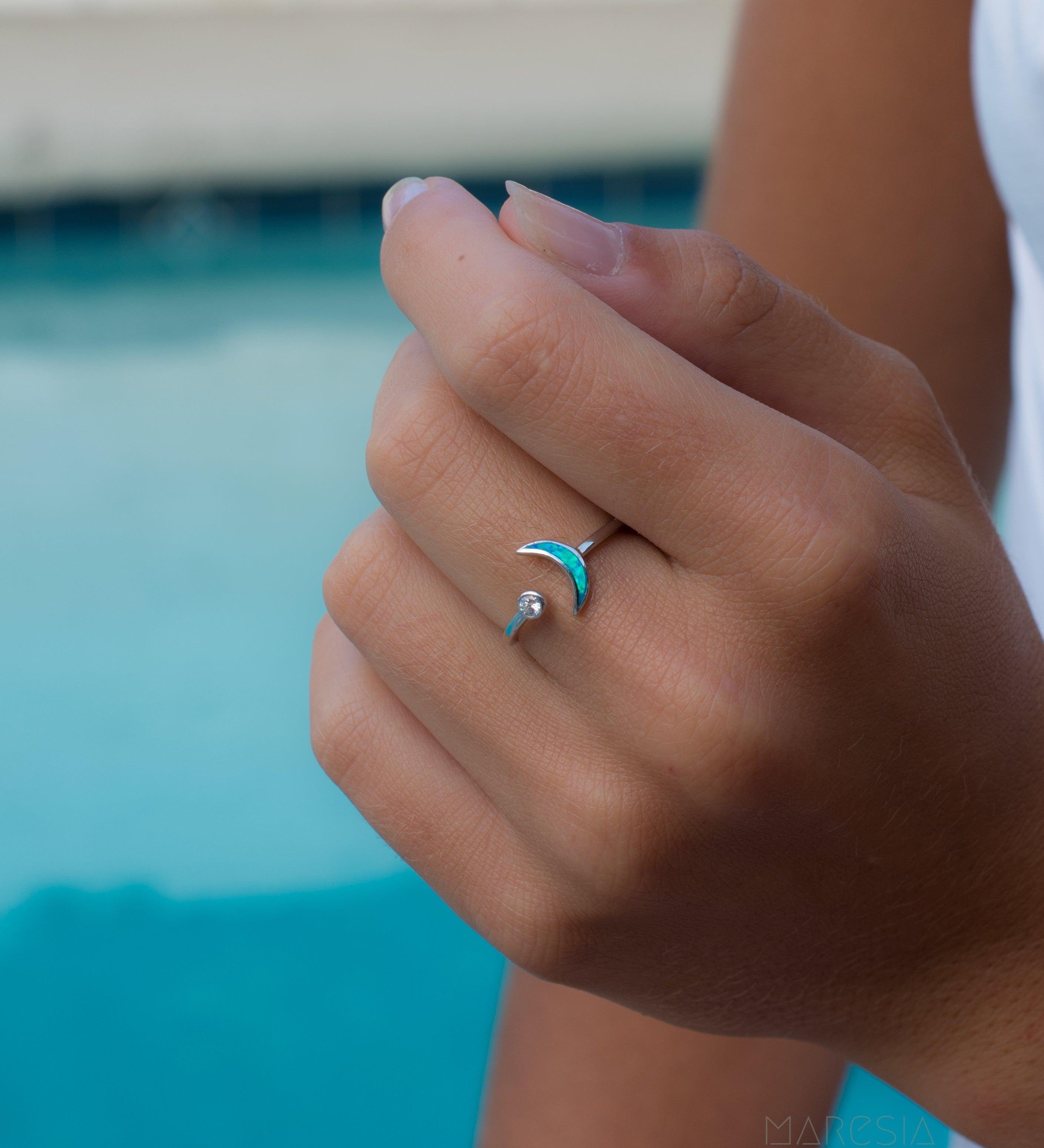 Half Moon & Star Blue Opal Ring ~Sterling Silver 925~ SMR048 - Maresia Jewelry