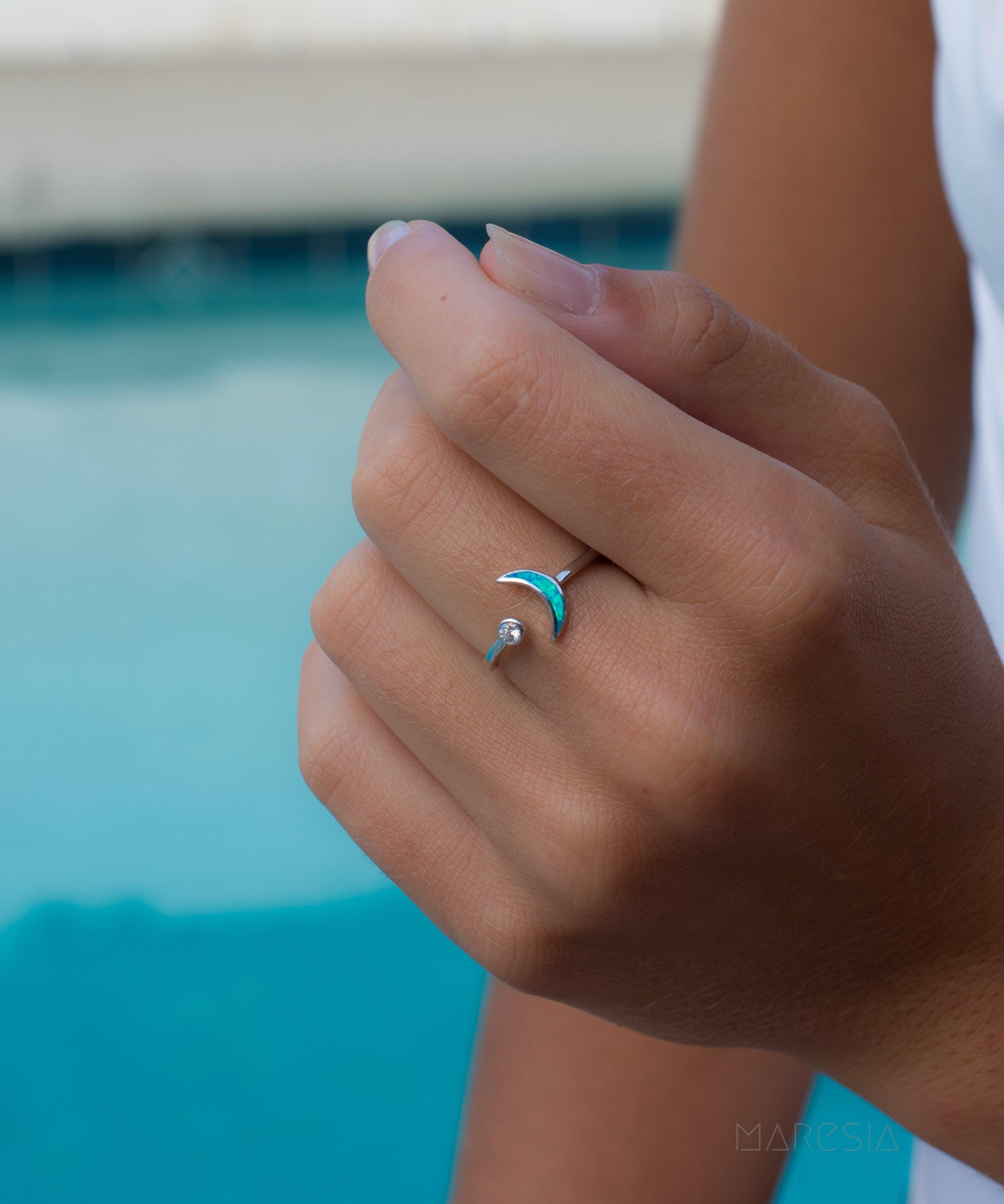 Half Moon & Star Blue Opal Ring ~Sterling Silver 925~ SMR048 - Maresia Jewelry